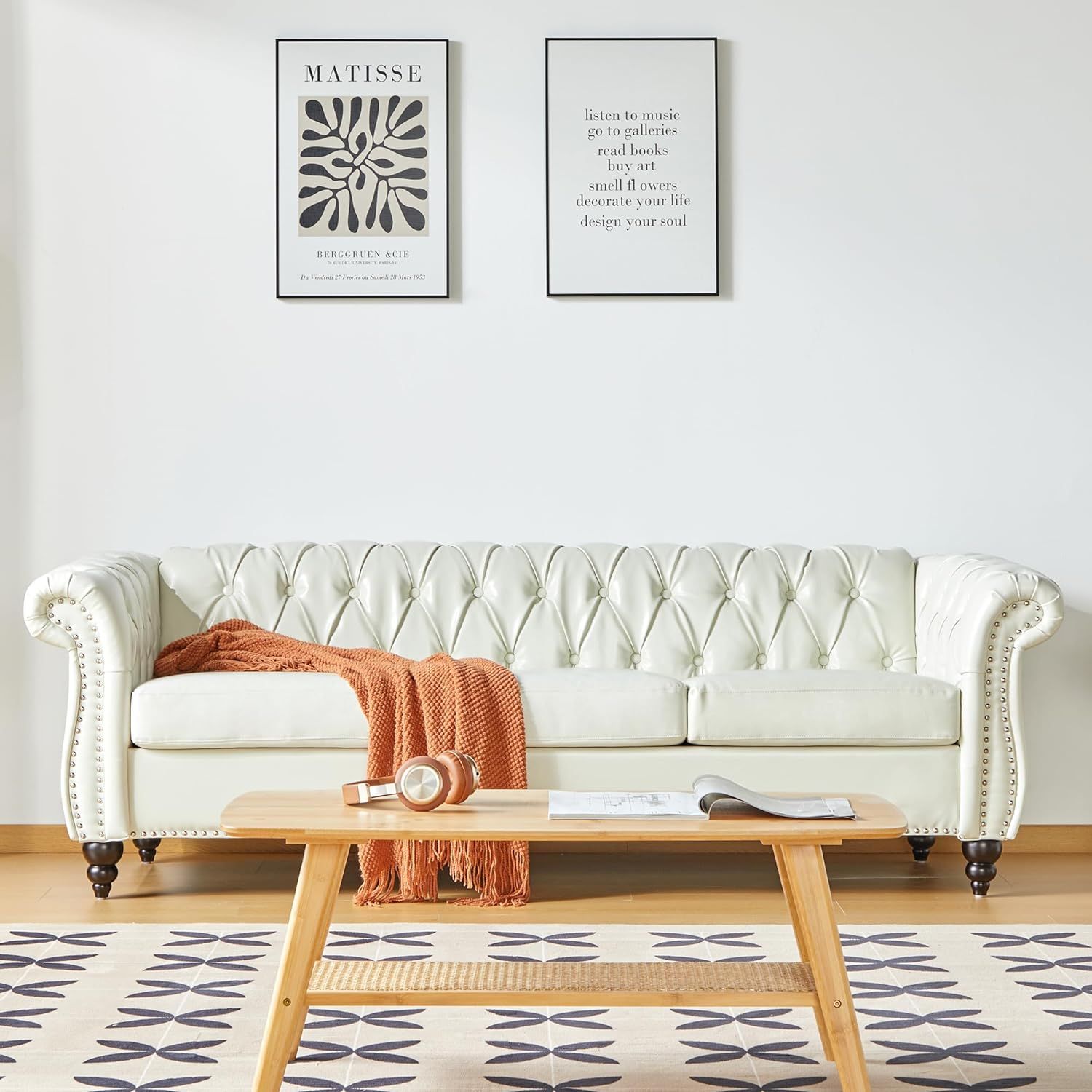 White Faux Leather Chesterfield Sofa with Rolled Arms and Nailhead Trim