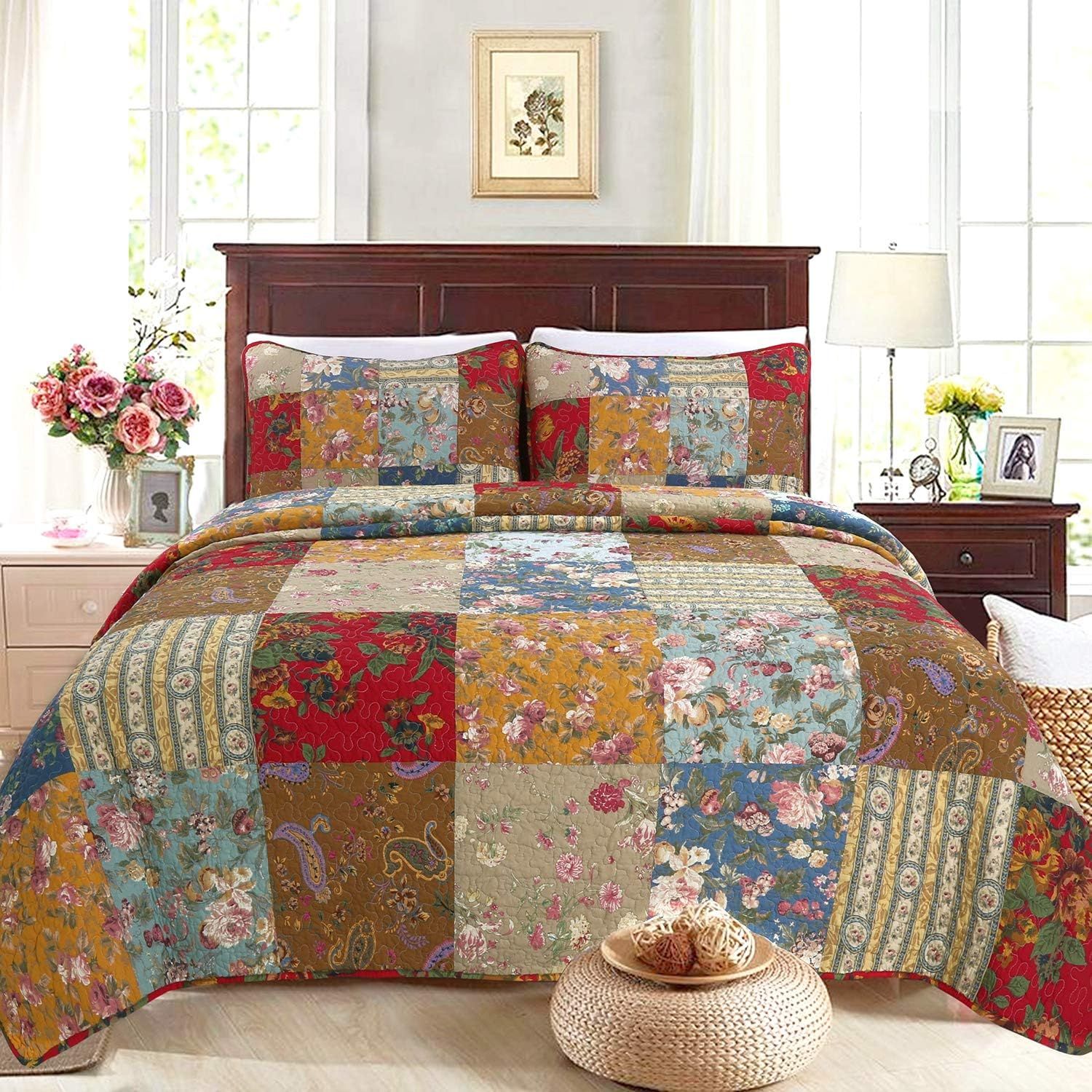 Queen Blue Cotton Reversible Patchwork Quilt Set