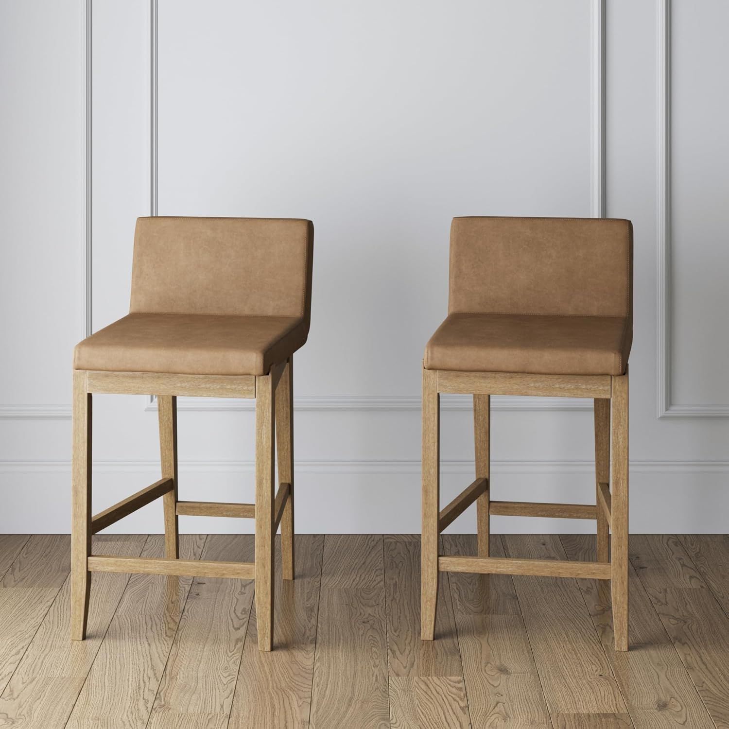 Gracie Light Brown Wood Counter Height Bar Stools with Upholstered Seats, Set of 2