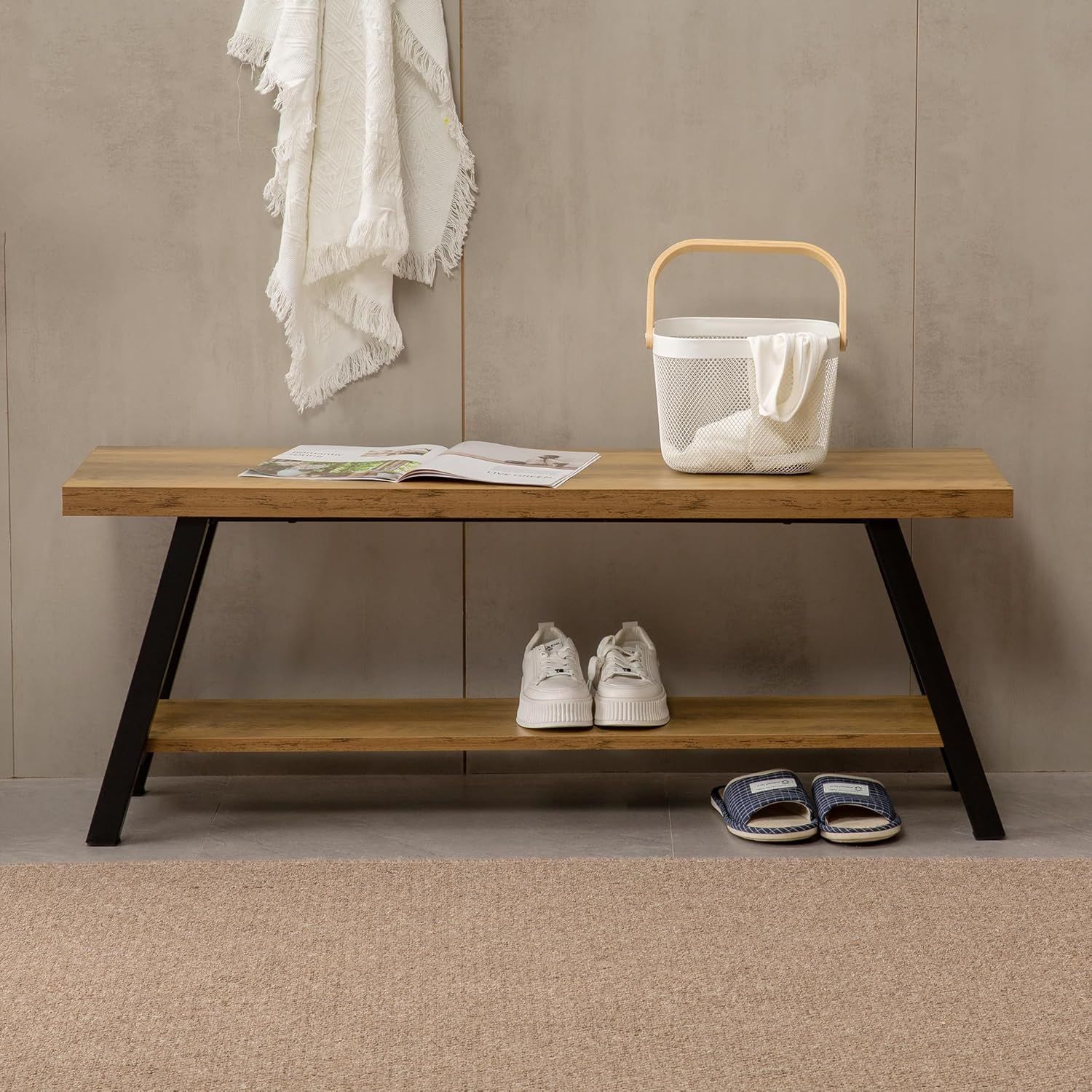 Rustic Oak and Black Industrial Shoe Storage Bench with Shelf