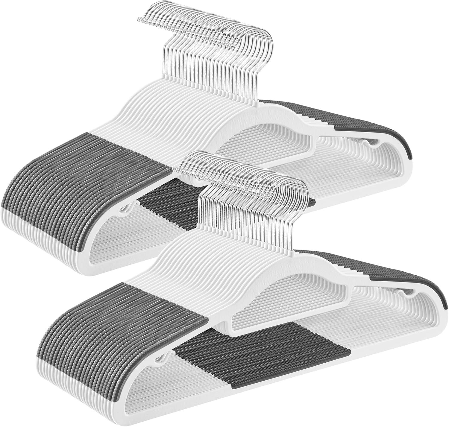 White and Dark Gray Slim Anti-Slip Plastic Coat Hangers with Metal Hooks, 50-Pack