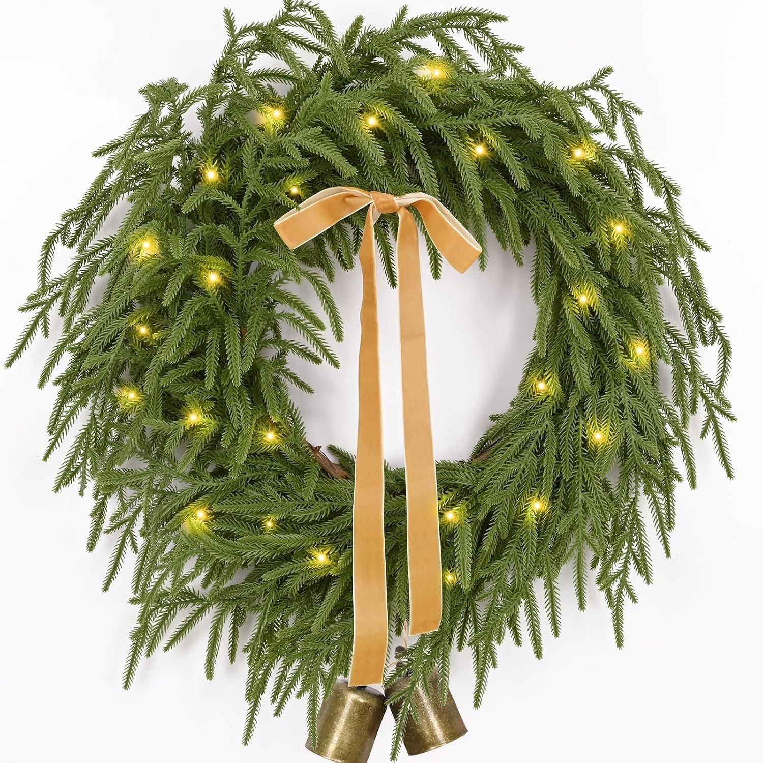 24-Inch Artificial Pine Christmas Wreath with Lights and Ribbon