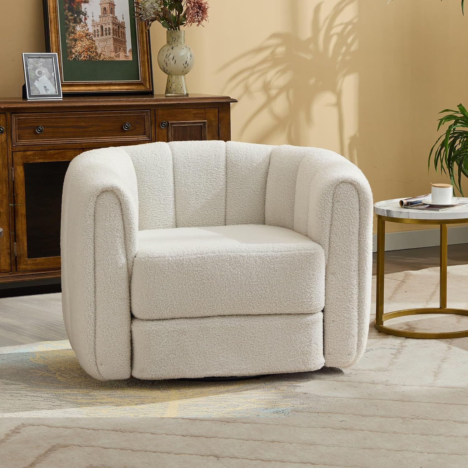 White Velvet Swivel Barrel Accent Chair with Wood Frame