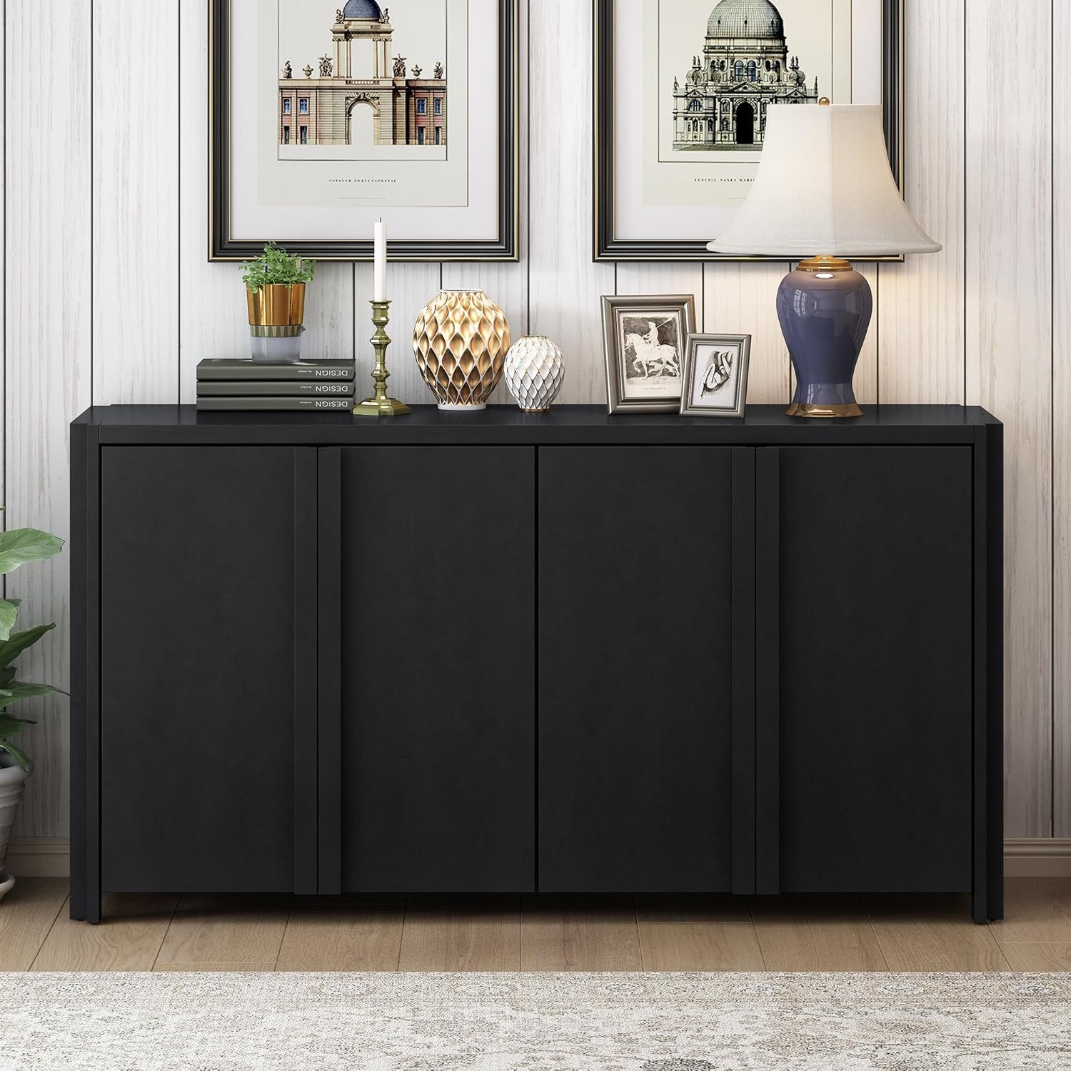 60'' Black Acacia Wood Sideboard with Adjustable Shelves