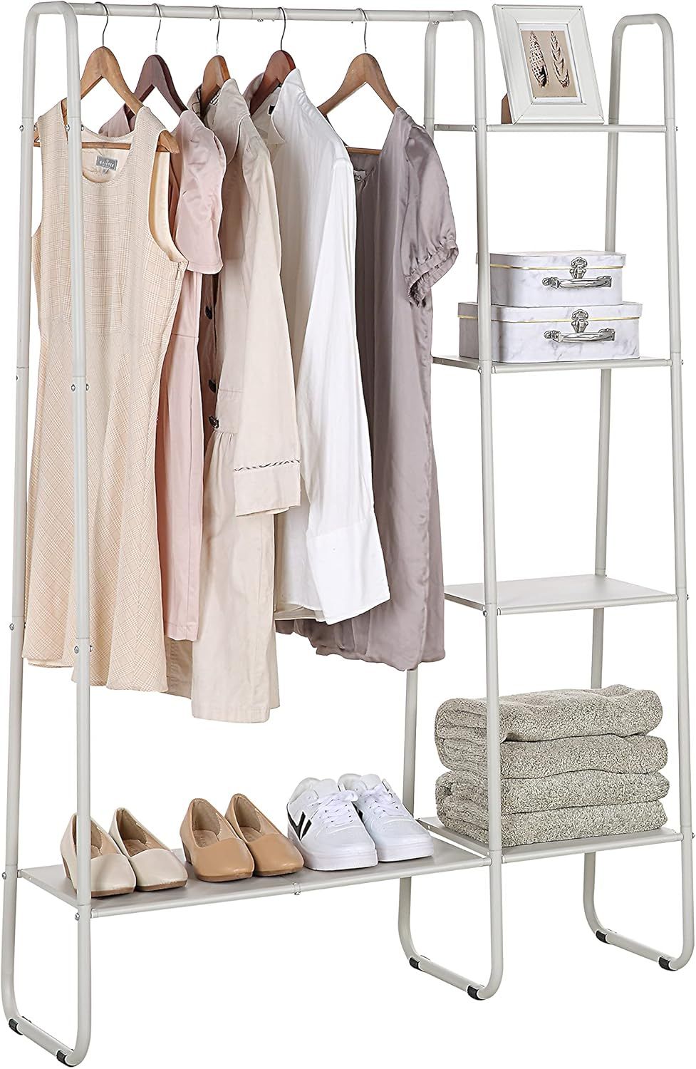 White Metal Freestanding Garment Rack with Shelves