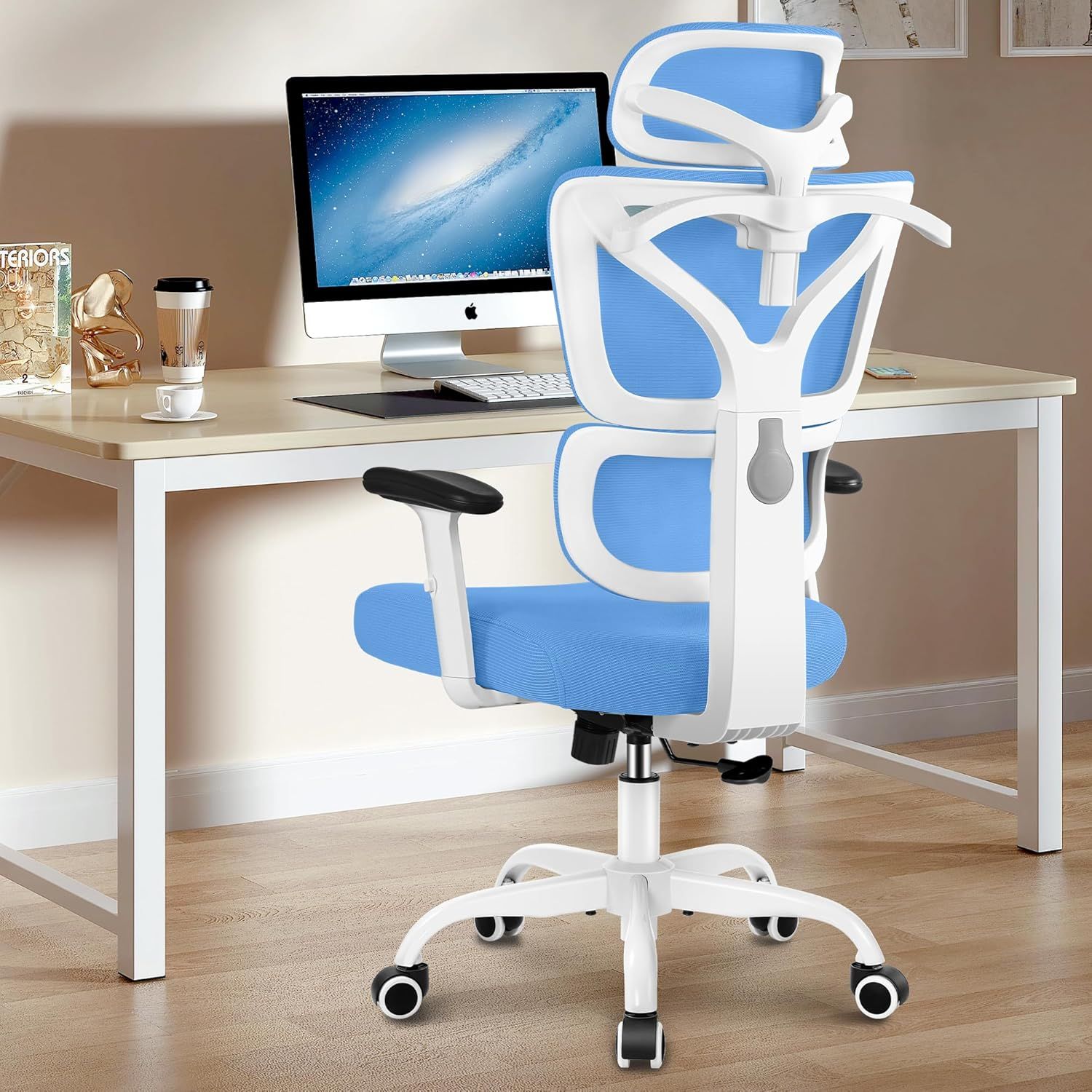 Sky Blue Ergonomic High Back Mesh Office Chair with Adjustable Armrests