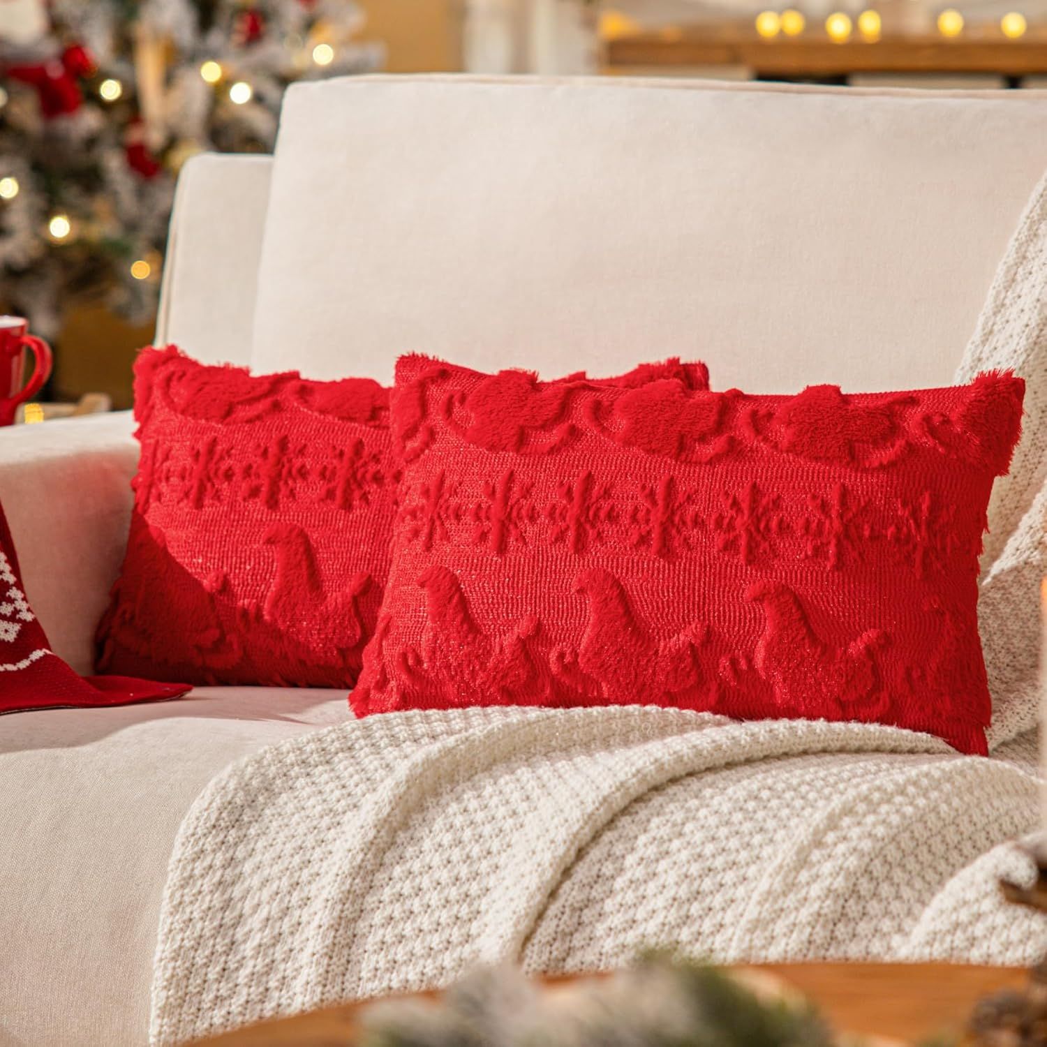 Red Faux Wool Snowflake Decorative Pillow Covers 12x20 Inch Set