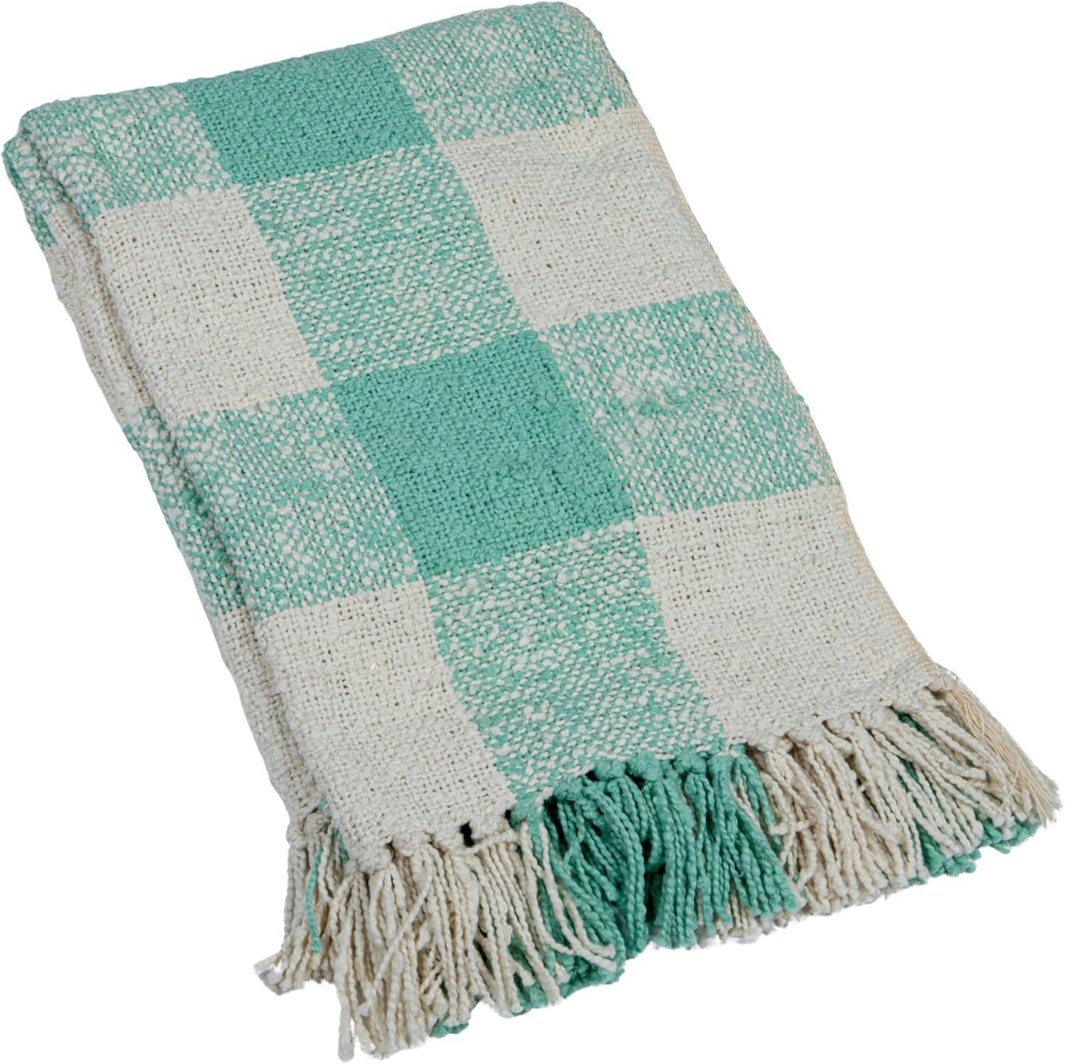 Mint and Cream Hand-Woven Cotton Plaid Throw with Fringe