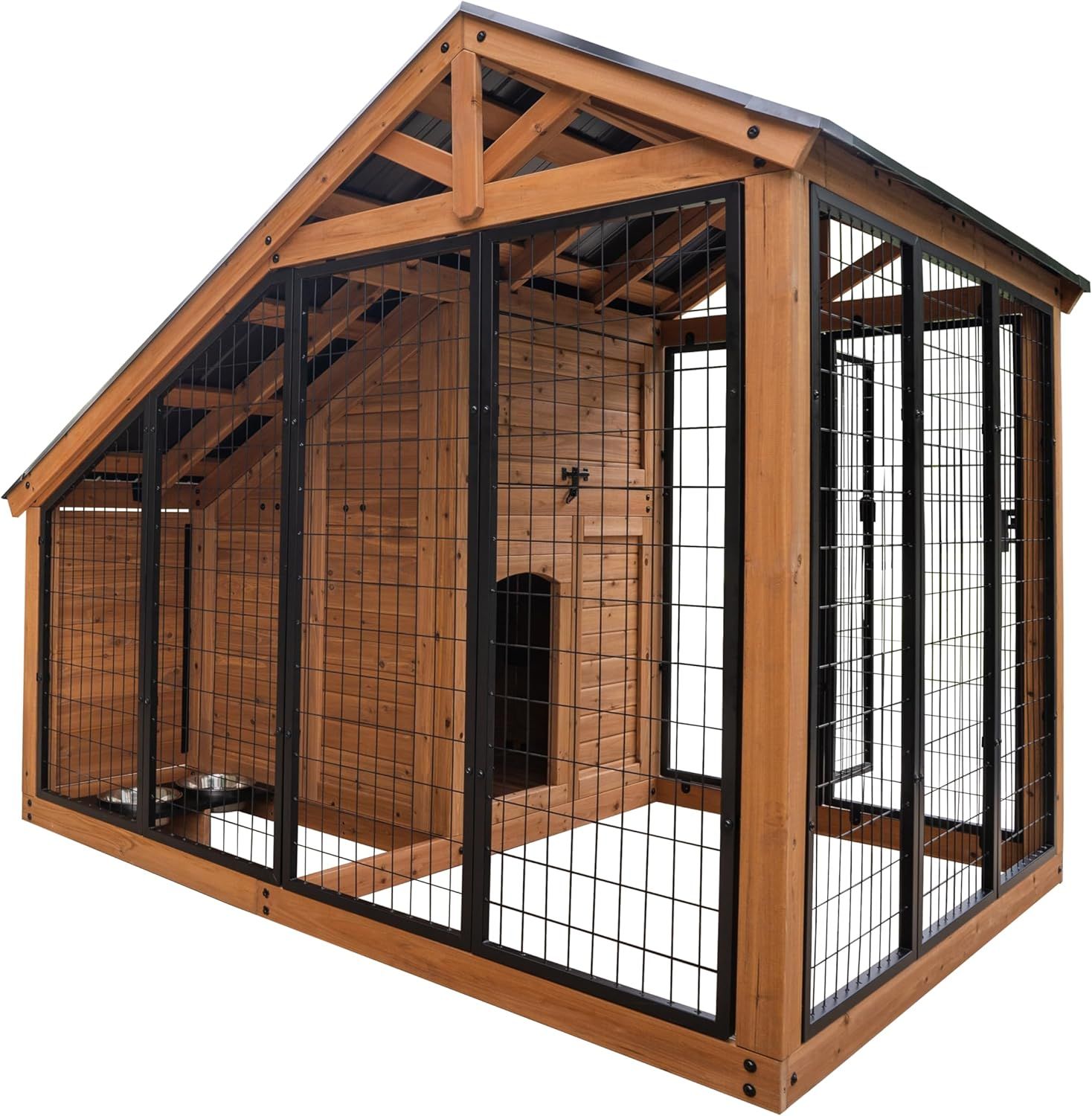 Large Cedar Wood Dog Kennel with Steel Roof and Feeding Tray