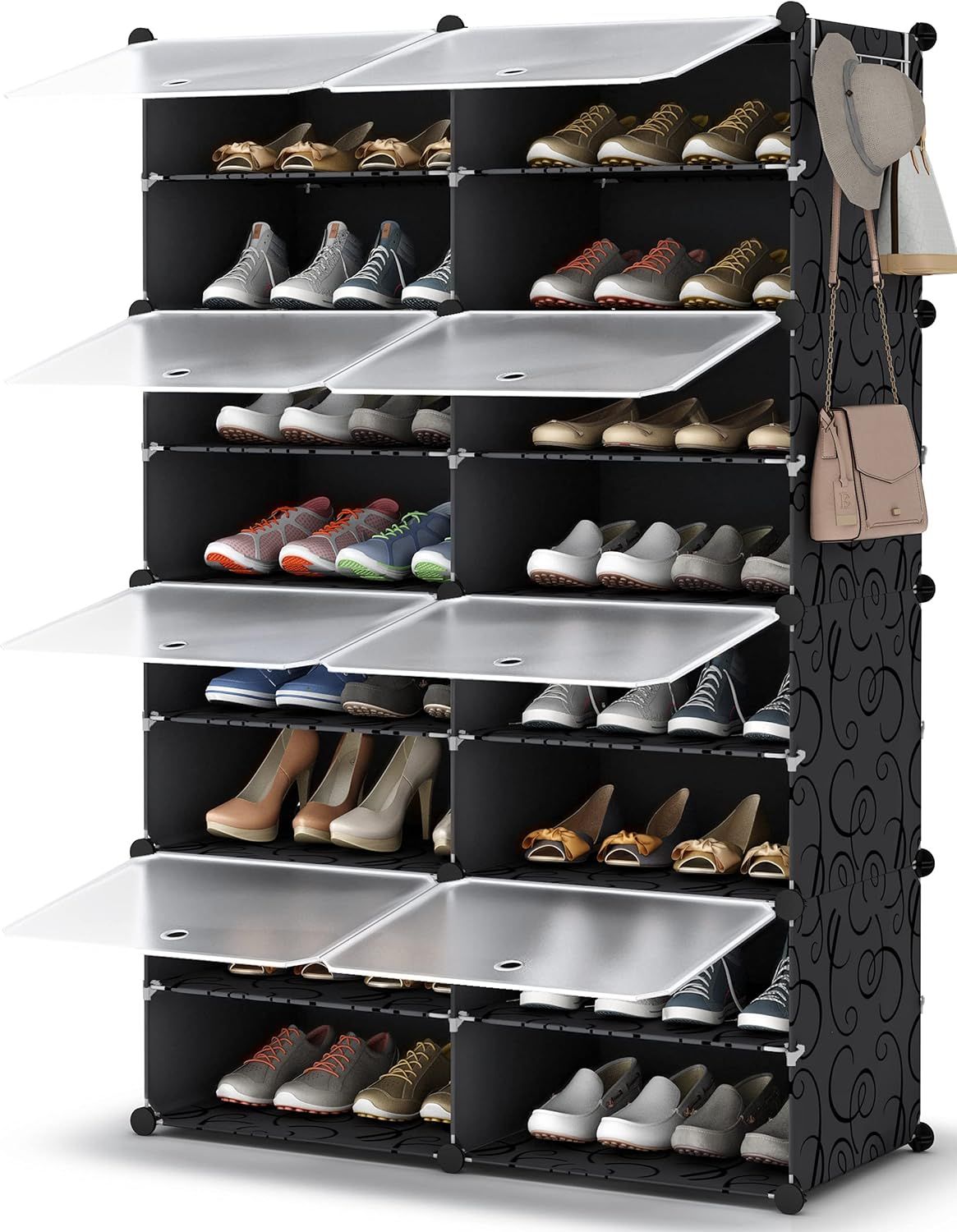 Black 8-Tier Plastic and Metal Shoe Rack with Doors