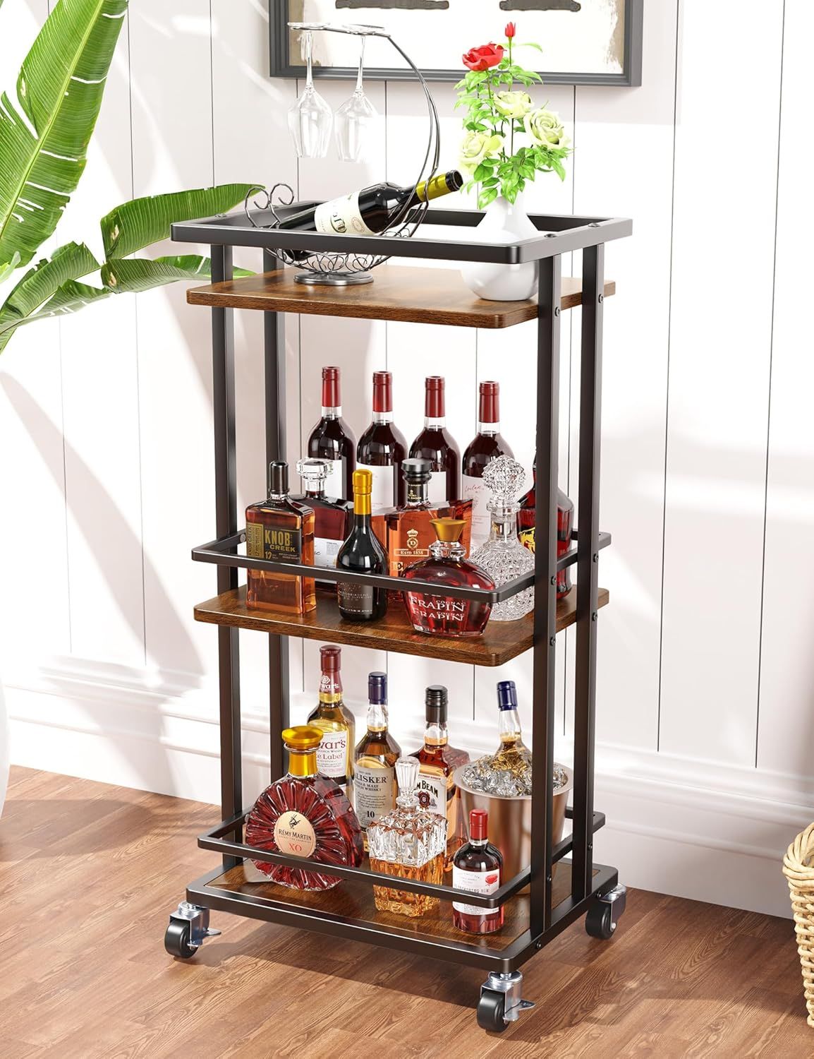 3 Tier Bar Cart for Home, Rolling Mini Liquor Bar for Wine Beverage Dinner Party, Utility Kitchen Storage Island Serving Cart on Wheels, Coffee Bar Cabinet for Kitchen Dining Living Room, Brown