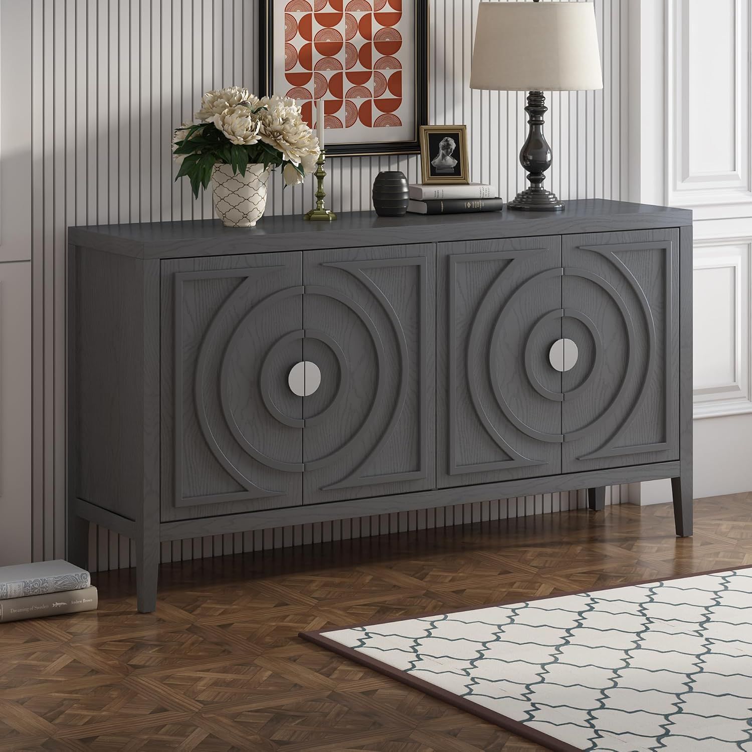 Gray 60" Distressed Wood Sideboard with Circular Groove Doors