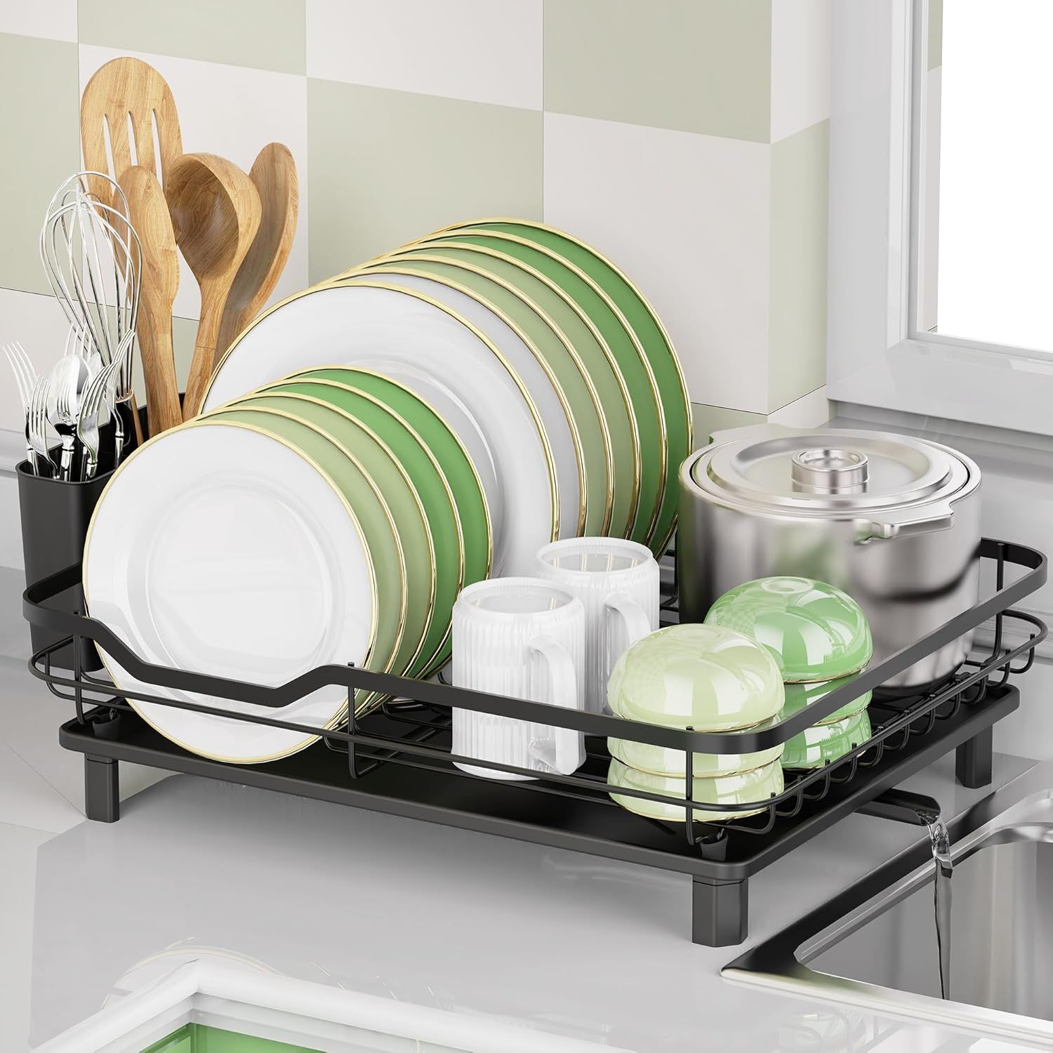 Black Stainless Steel Dish Drying Rack with Utensil Cup