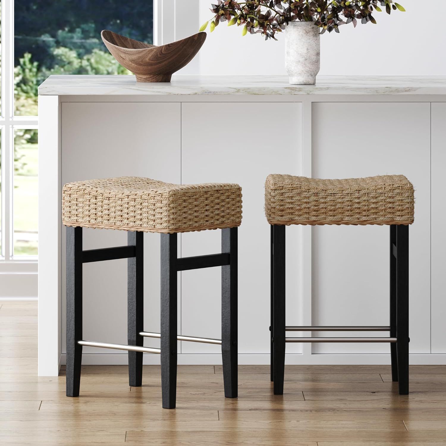 Black and Natural Woven Rattan Saddle Bar Stool with Metal Footrest