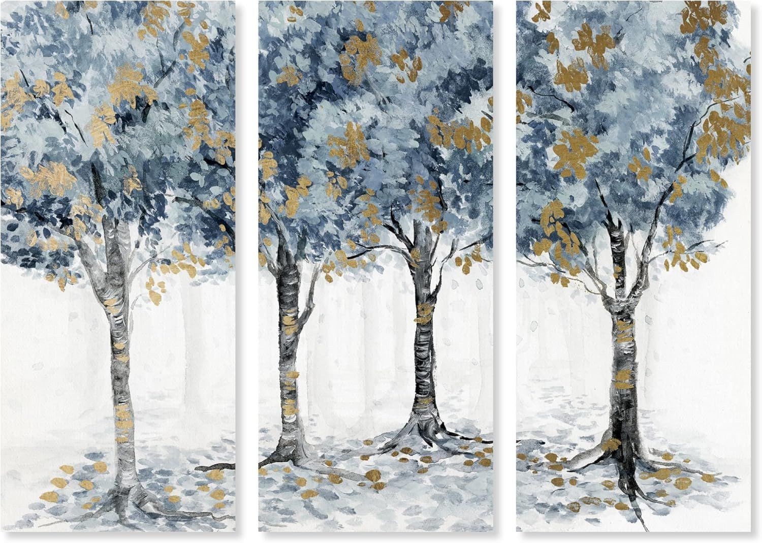 Blue and Gold Floral Landscape 3-Panel Canvas Wall Art