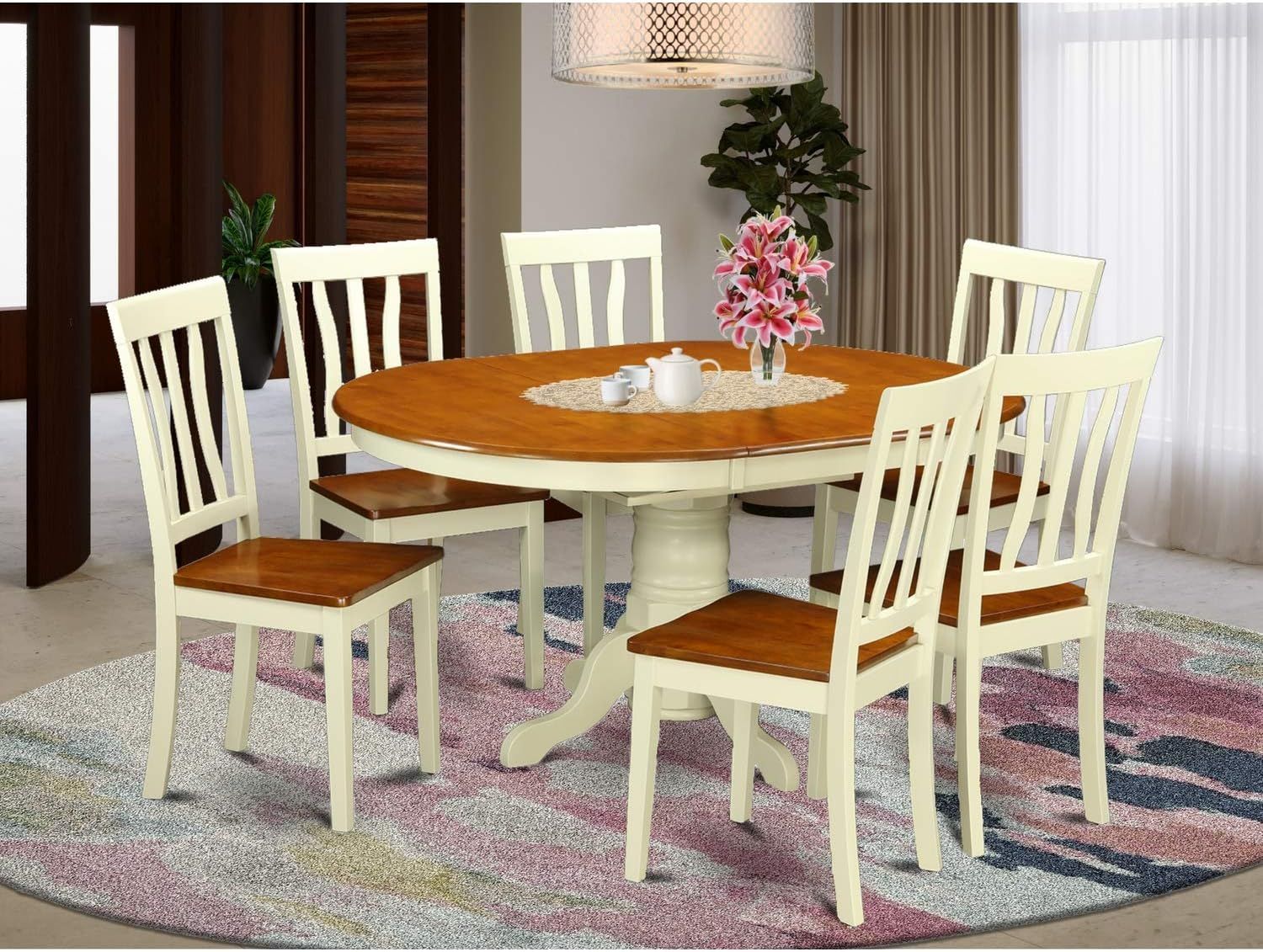 Buttermilk and Cherry Oval Wood Dining Table with 6 Chairs