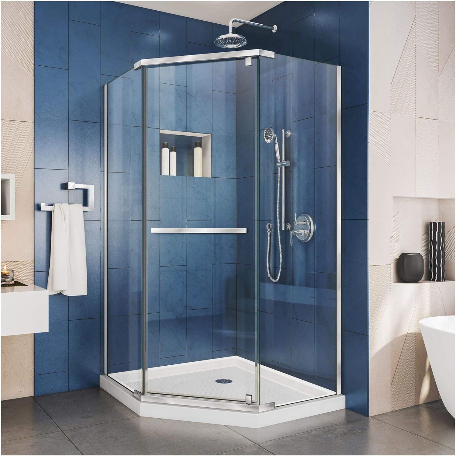 DreamLine Prism 40 in. x 74 3/4 in. Frameless Neo-Angle Pivot Shower Enclosure in Chrome with White Base Kit, DL-6032-01