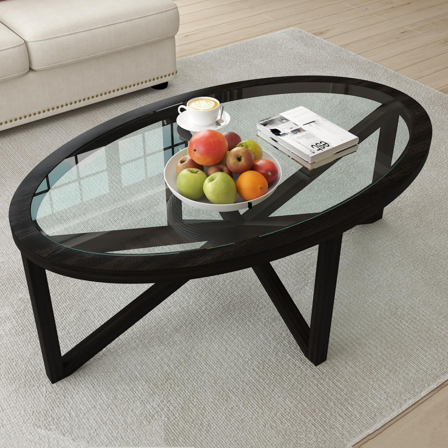 Black Oval Tempered Glass Coffee Table with Solid Wood Base