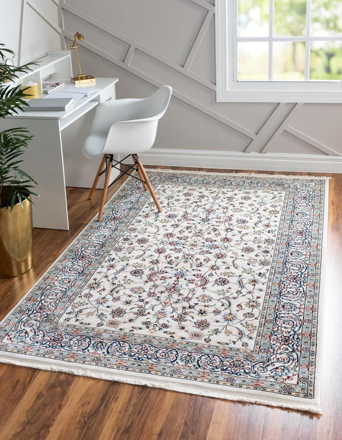 Ivory and Blue Persian Style Rectangular Area Rug 4' 1" x 6' 1"