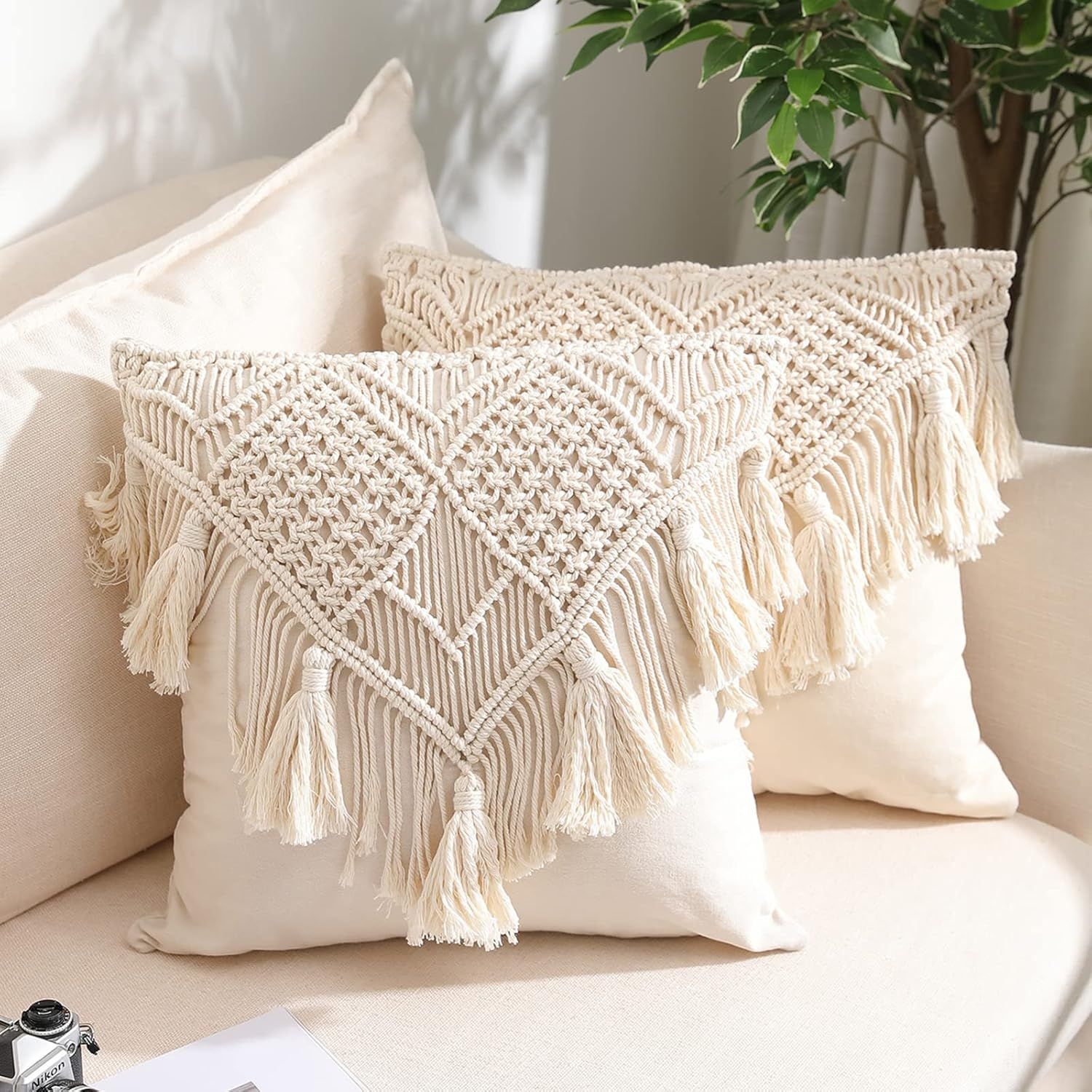 Cream Macrame Boho Throw Pillow Covers with Tassels, Set of 2