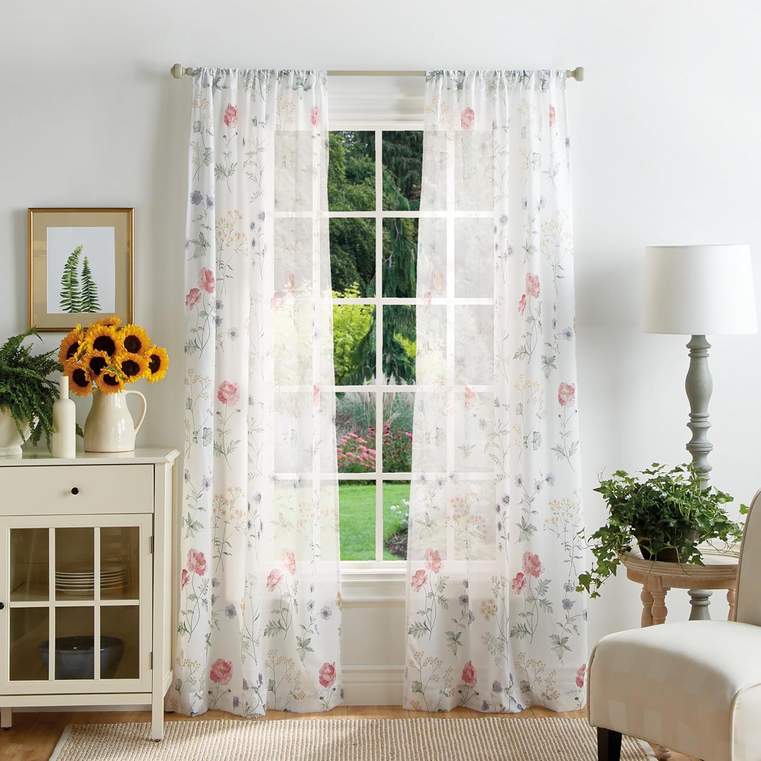 Floral Semi-Sheer Rod Pocket 84" Window Curtain Panel