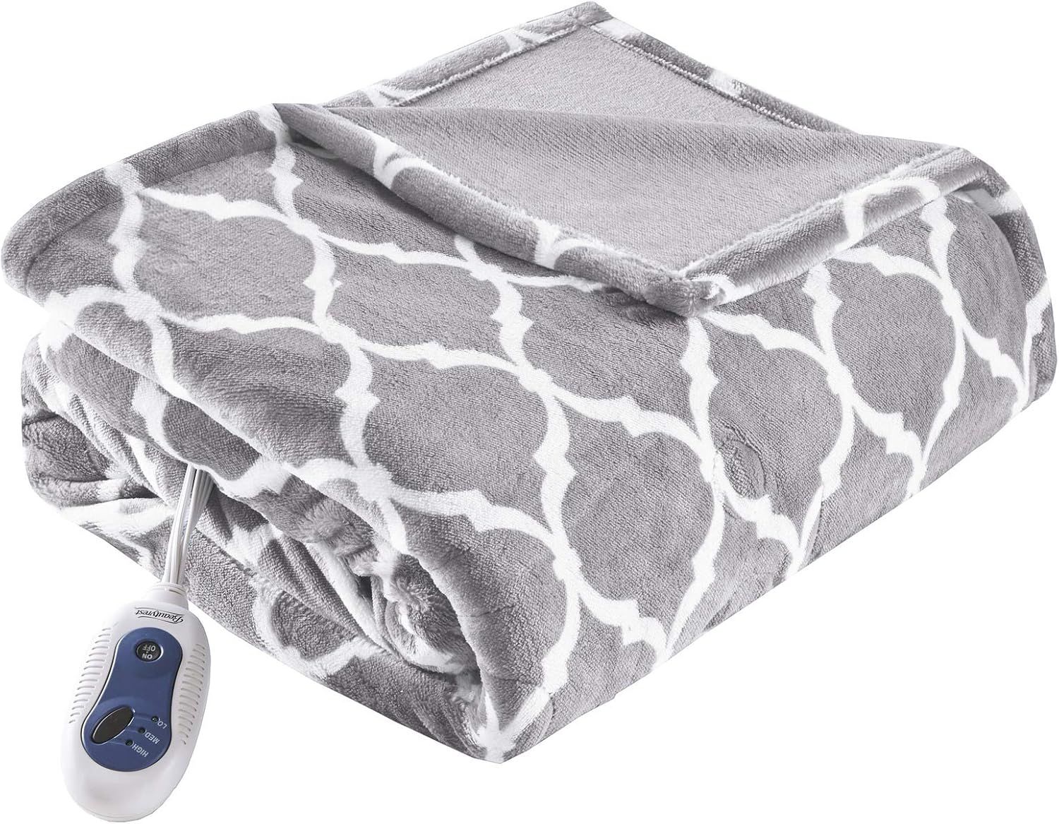 Oversized Gray and White Fleece Electric Heated Throw Blanket