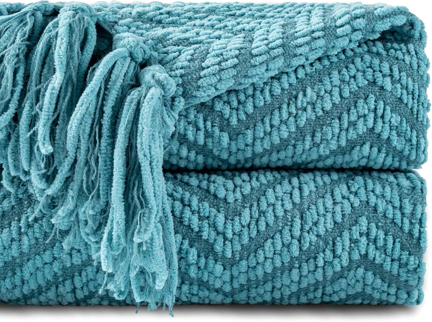 Teal Knitted Zig-Zag Throw Blanket with Tassels, 50"x60"