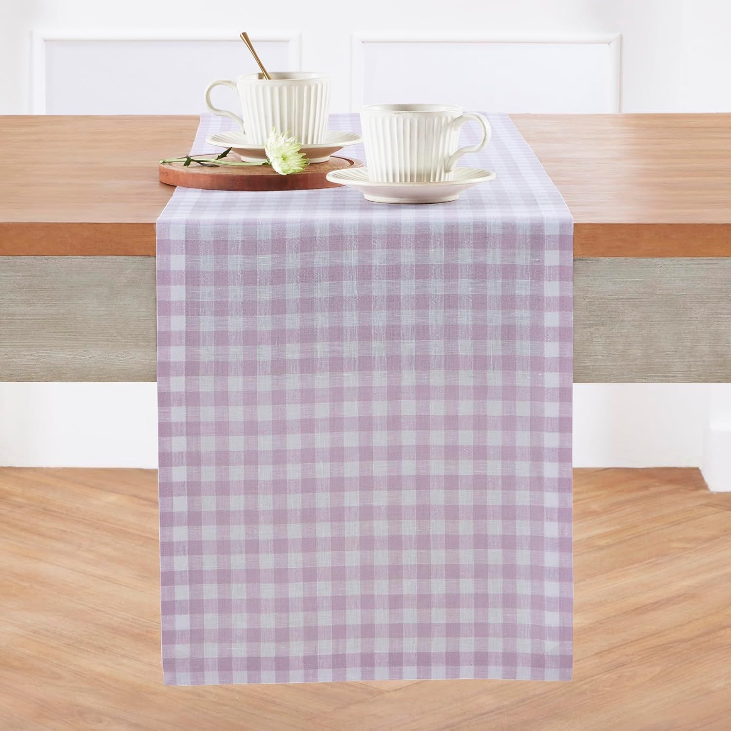 Lilac Gingham Linen Table Runner 14 x 108 Inch