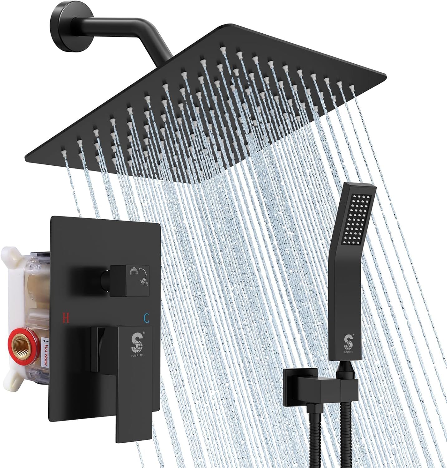 Matte Black Wall Mounted Rain Shower System with Handheld Spray