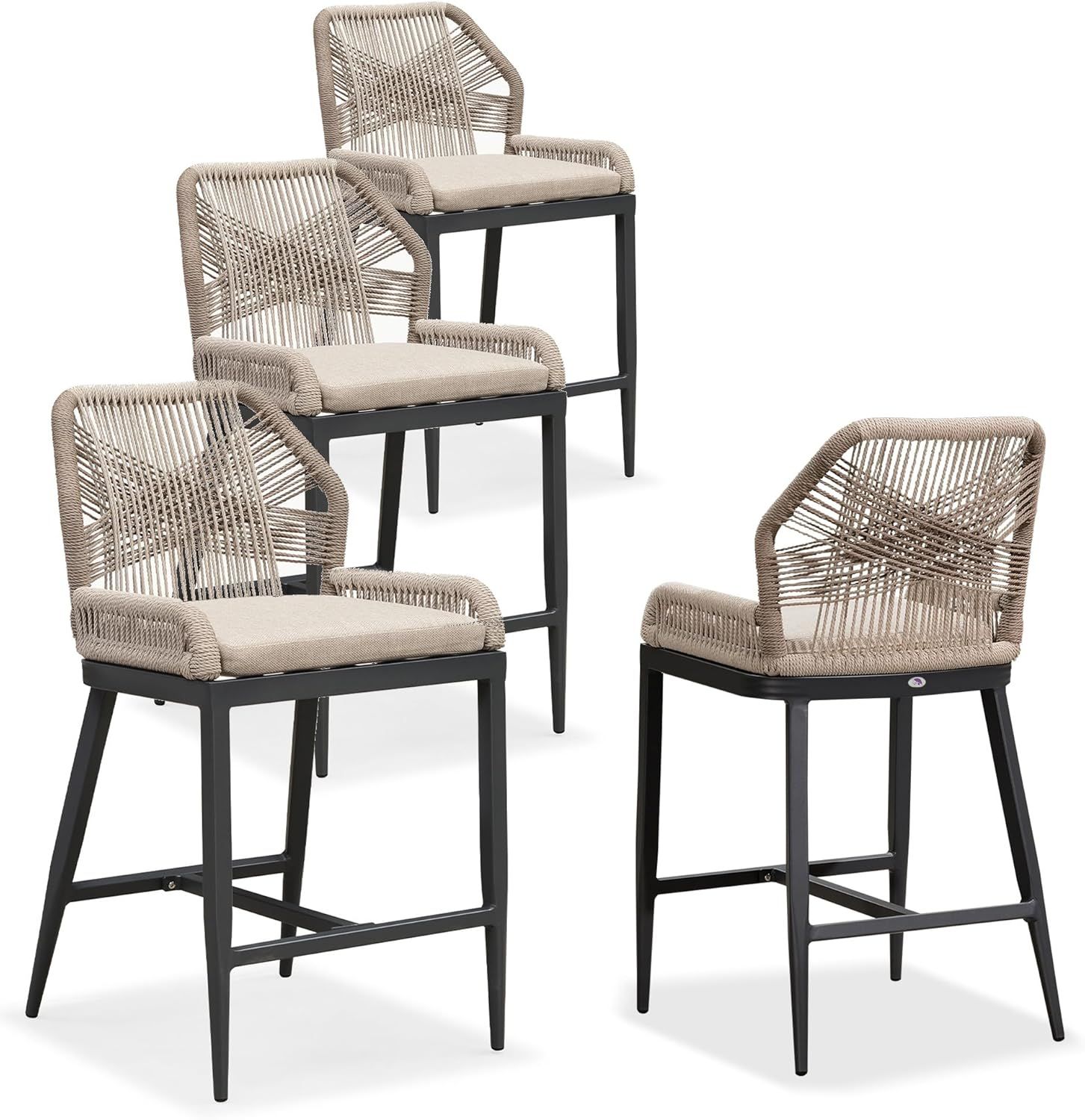Beige and Gray Wicker Rattan Counter Height Bar Stools with Cushions
