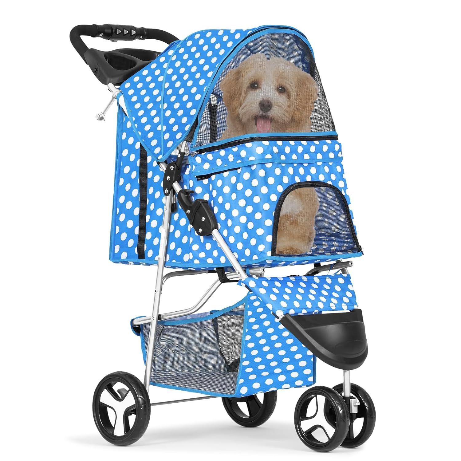 Sky Blue Polka Dot Foldable Pet Stroller with Storage