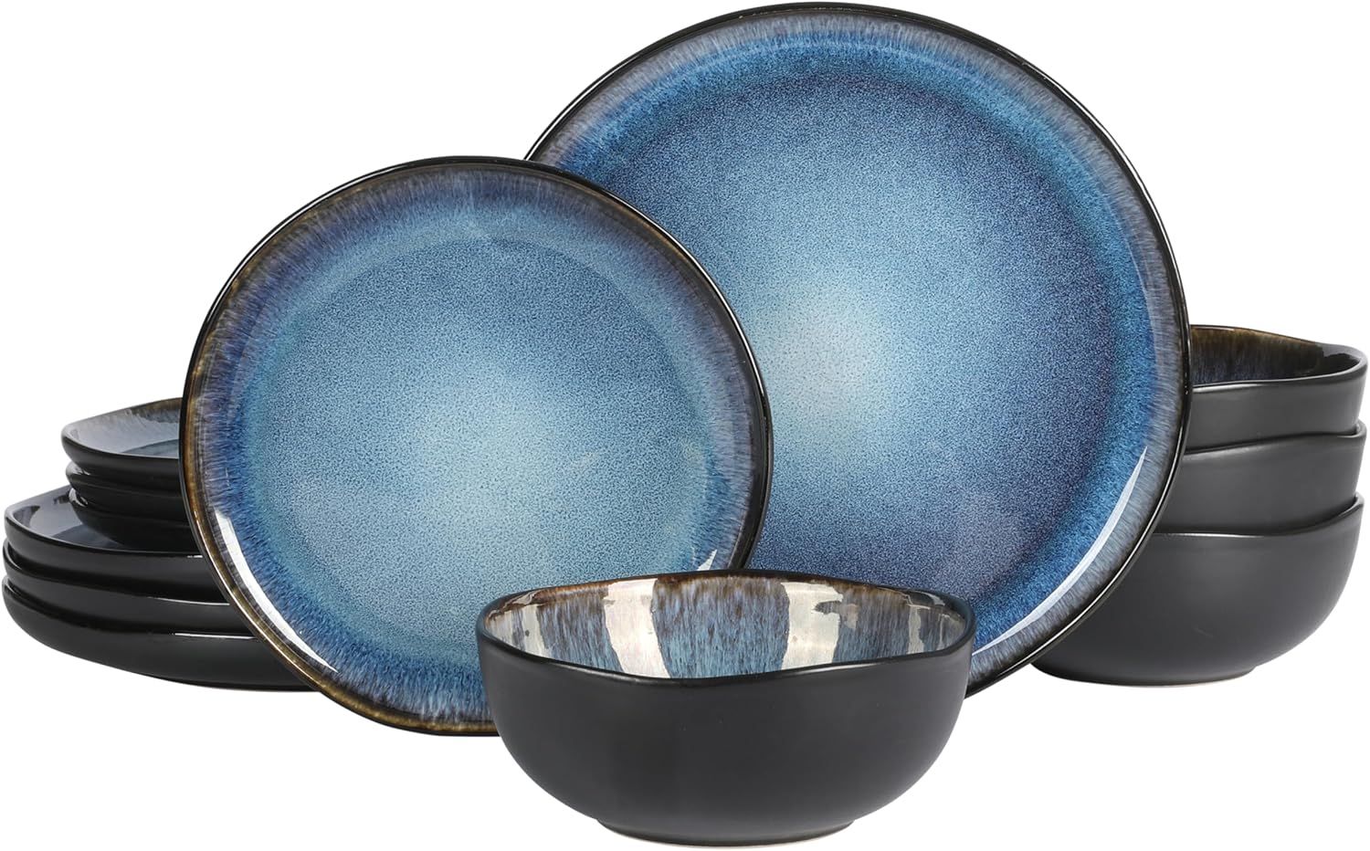 Blue and Black Ceramic 12-Piece Dinnerware Set, Service for 4