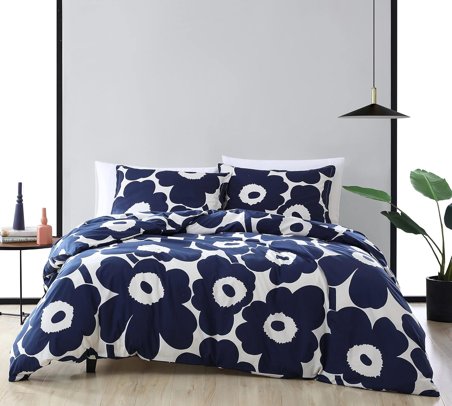 King Blue Floral Cotton Duvet Cover Set with Shams