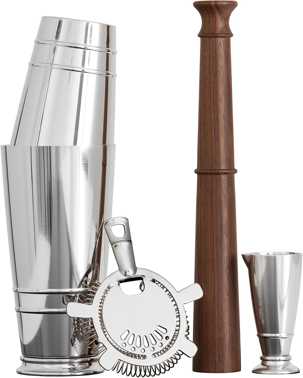 Silver and Walnut 4-Piece Bar Tool Set with Strainer and Jigger