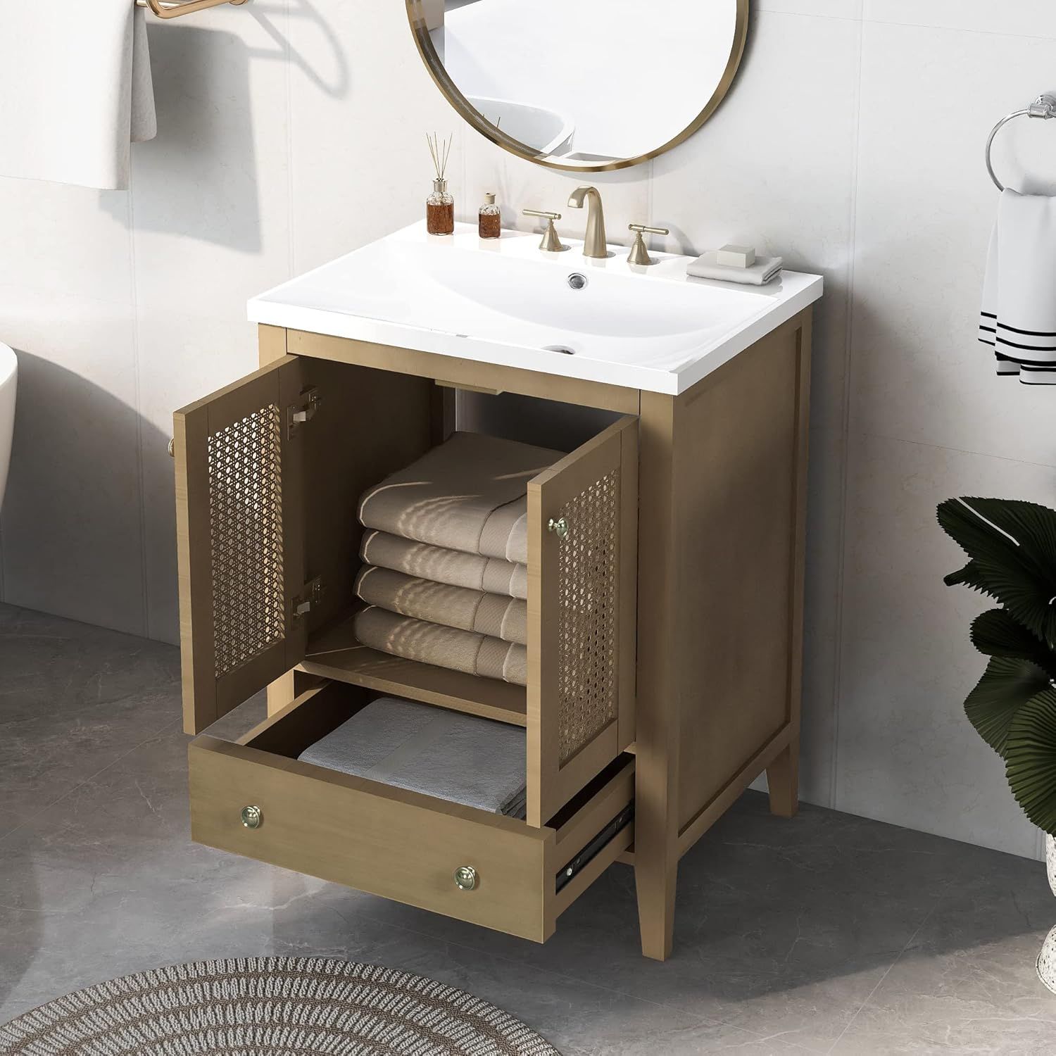 Natural Wood 24" Bathroom Vanity with Ceramic Basin