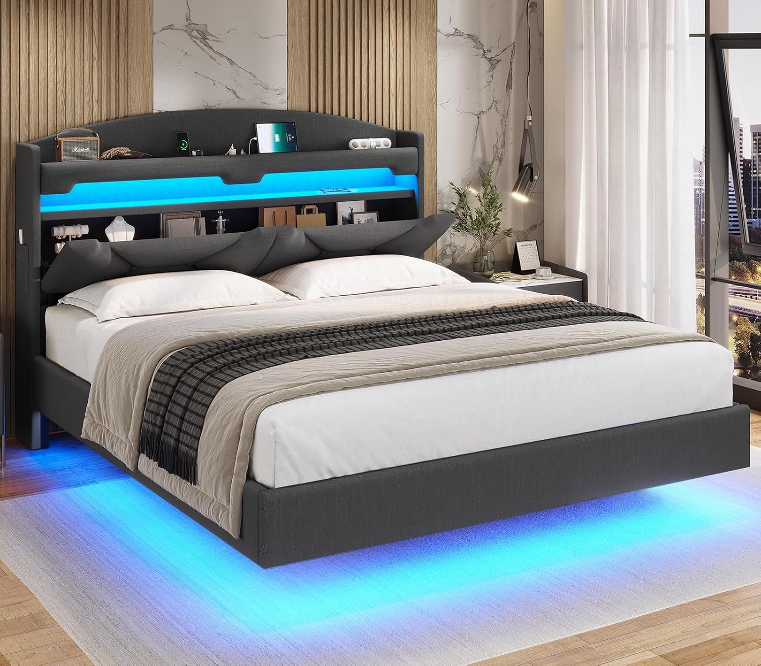 Full Size Dark Grey Upholstered Bed with LED Lights and Storage