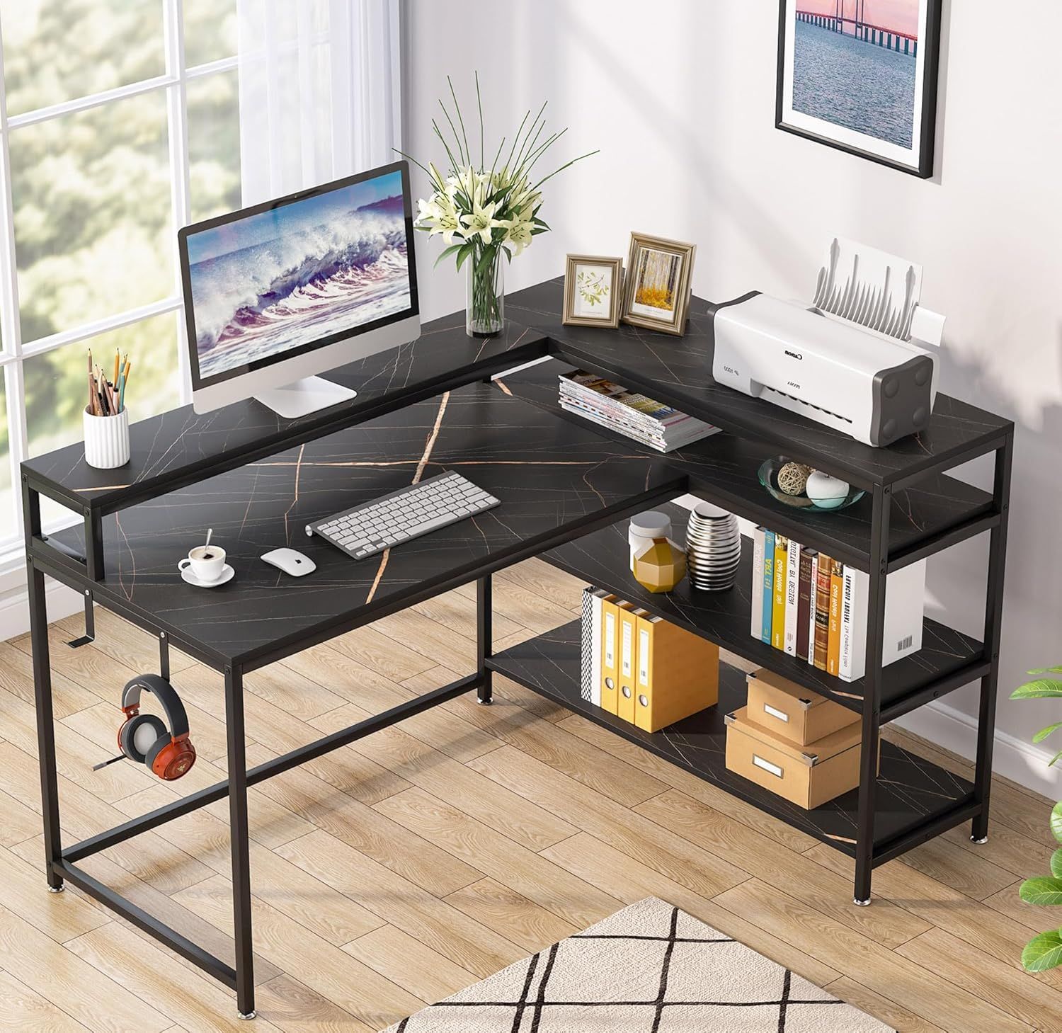 Black Faux Marble L-Shaped Gaming Desk with Shelves