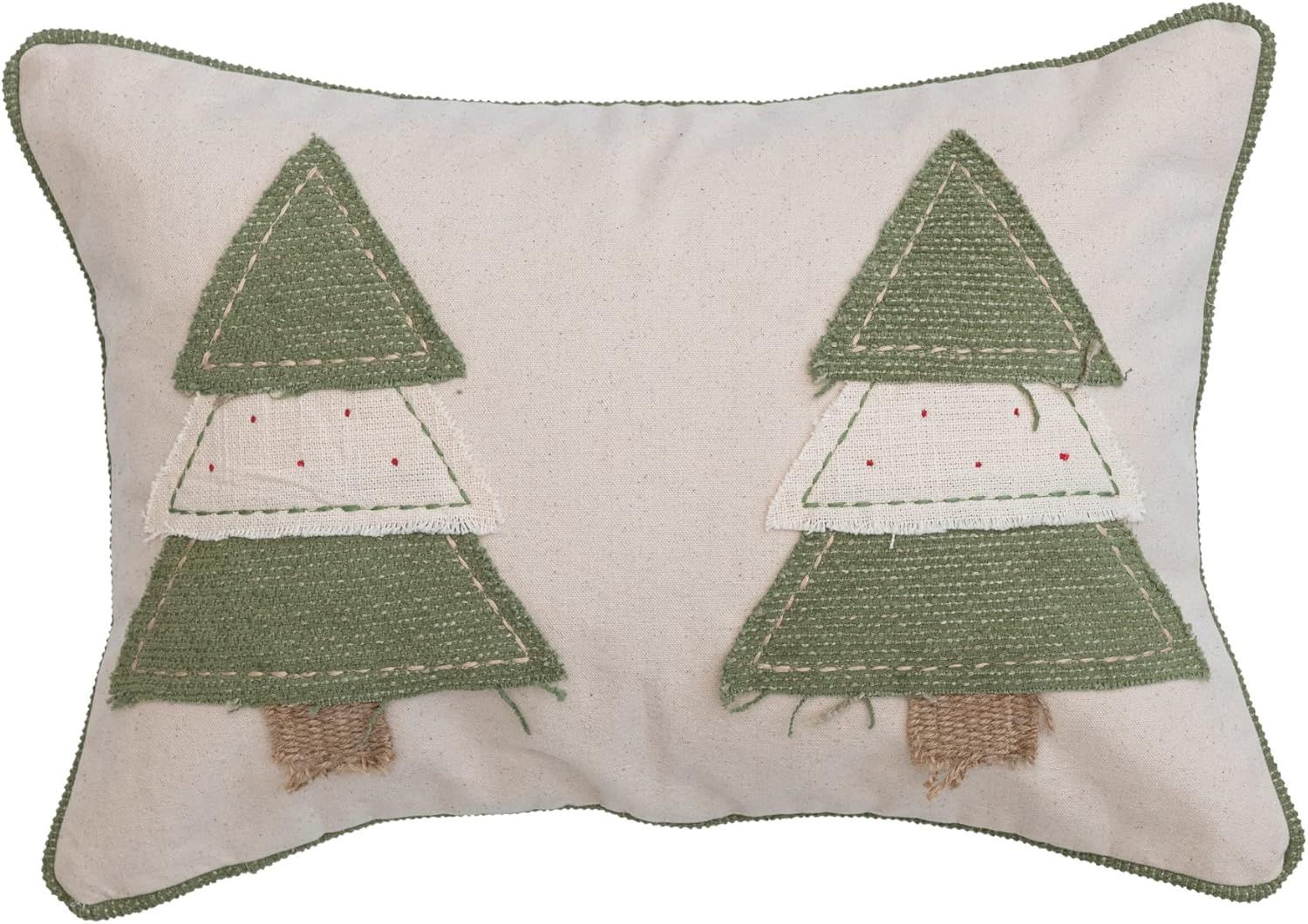 Green and Cream Rectangular Cotton Lumbar Pillow with Appliqued Trees