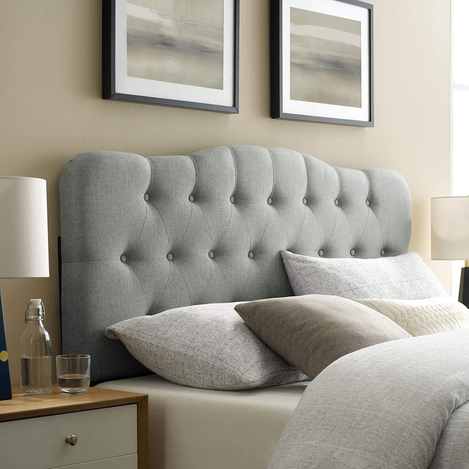 Gray Tufted Upholstered Queen Headboard with Buttons