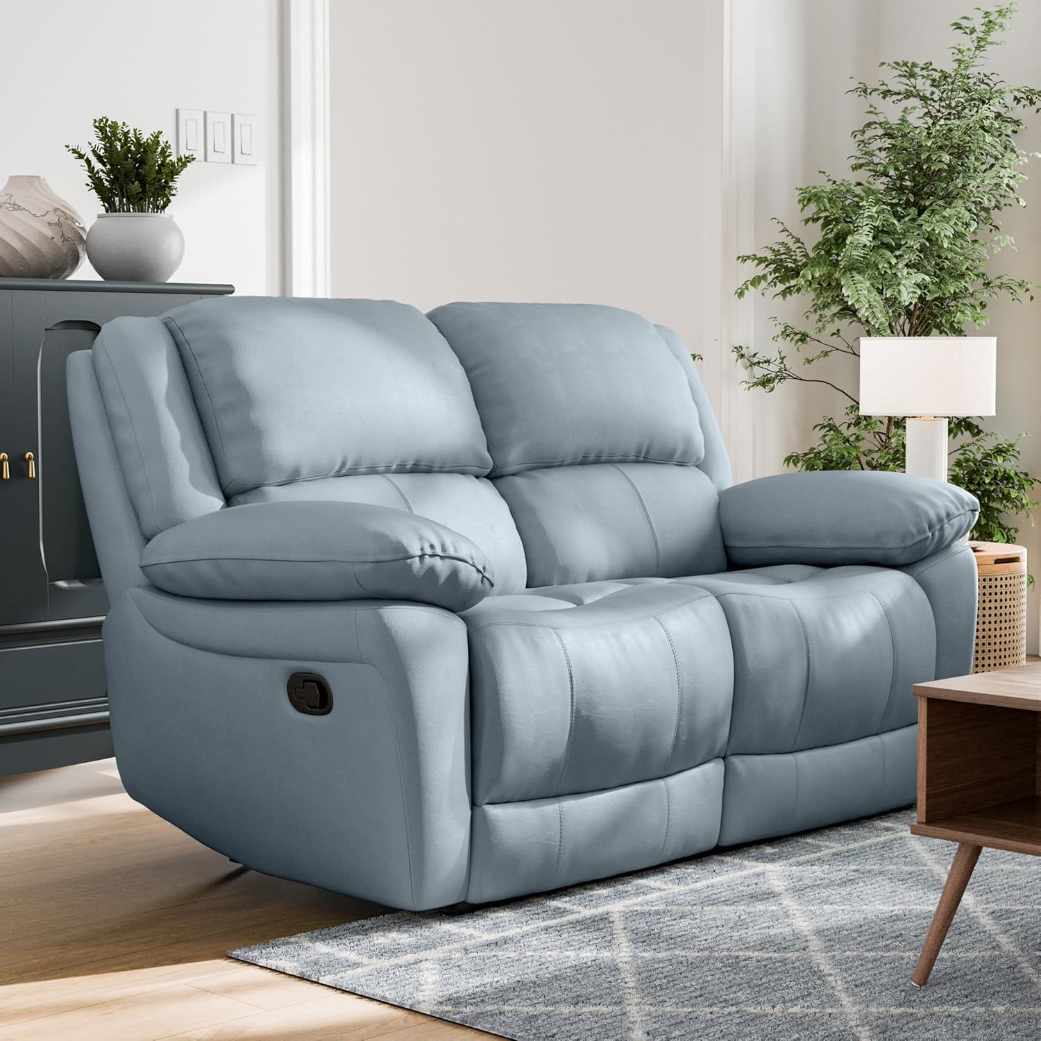 Powder Blue Leather Reclining Loveseat with Pillow Top Arms