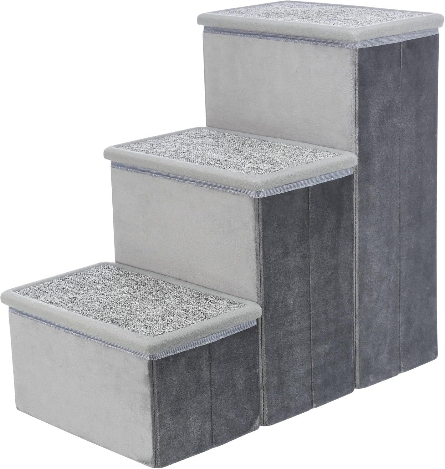 Gray Velour 3-Step Pet Stairs with Storage Compartments