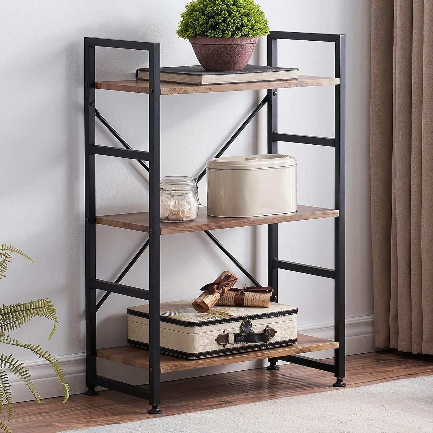 Rustic Brown 3-Tier Wood and Metal X-Frame Bookshelf