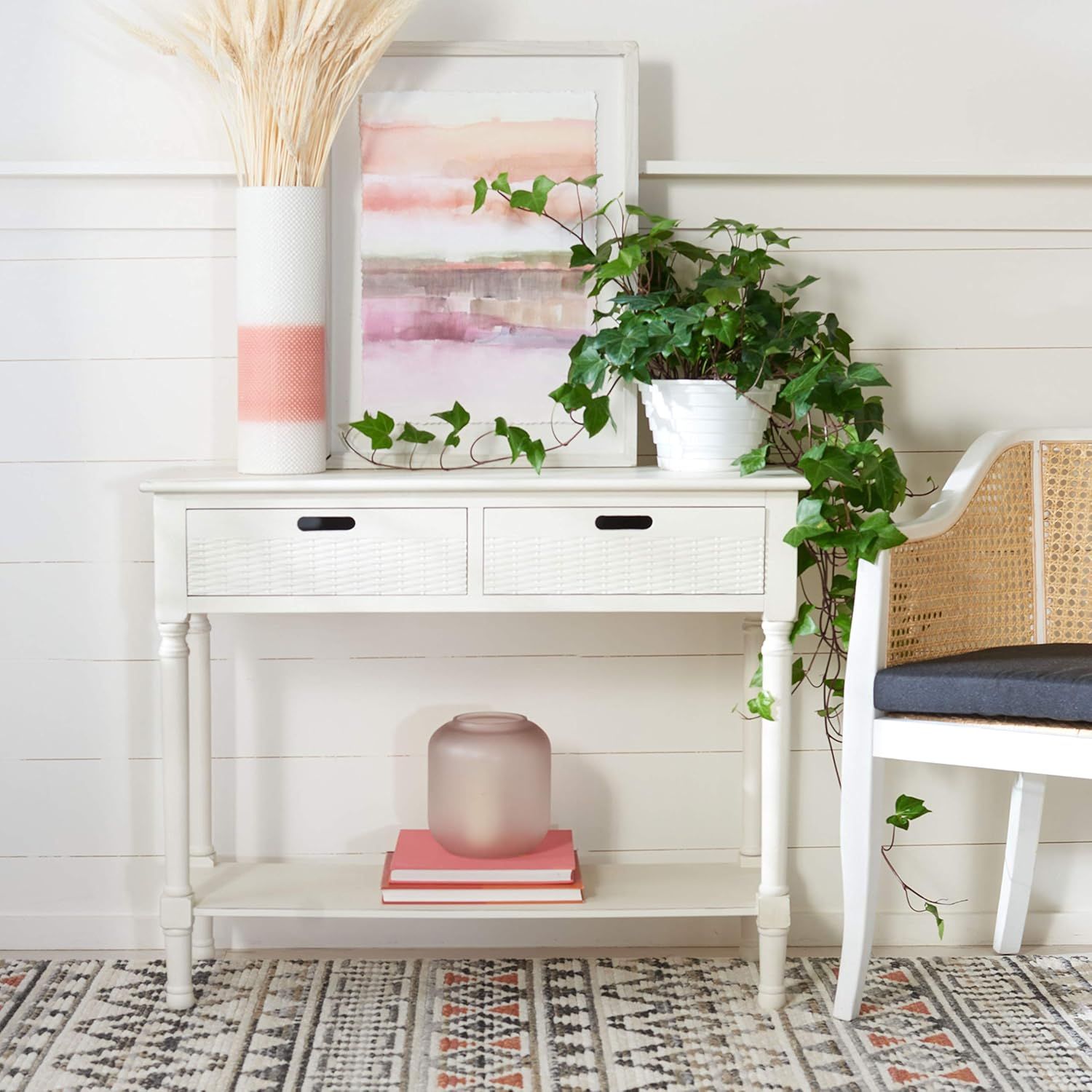 Distressed White Wood Console Table with Storage Drawers