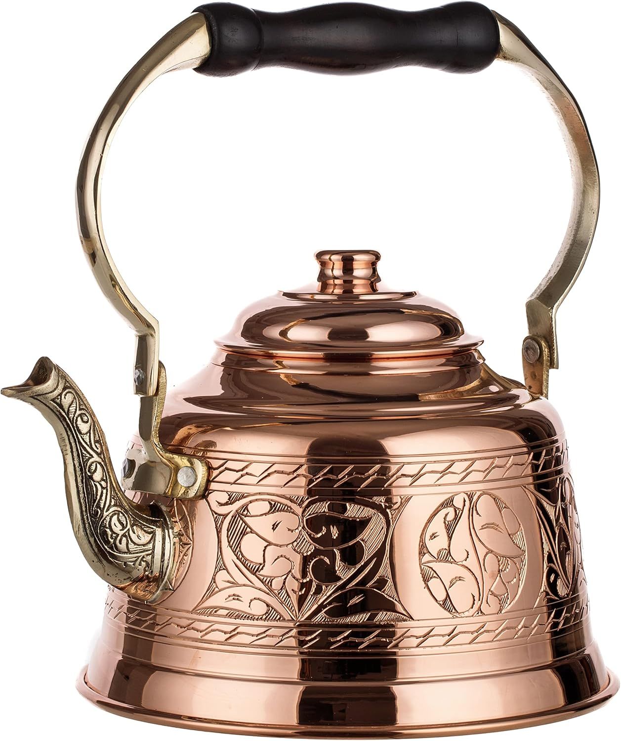 Handmade Engraved Copper Teapot with Brass Handle, 1.6-Quarts