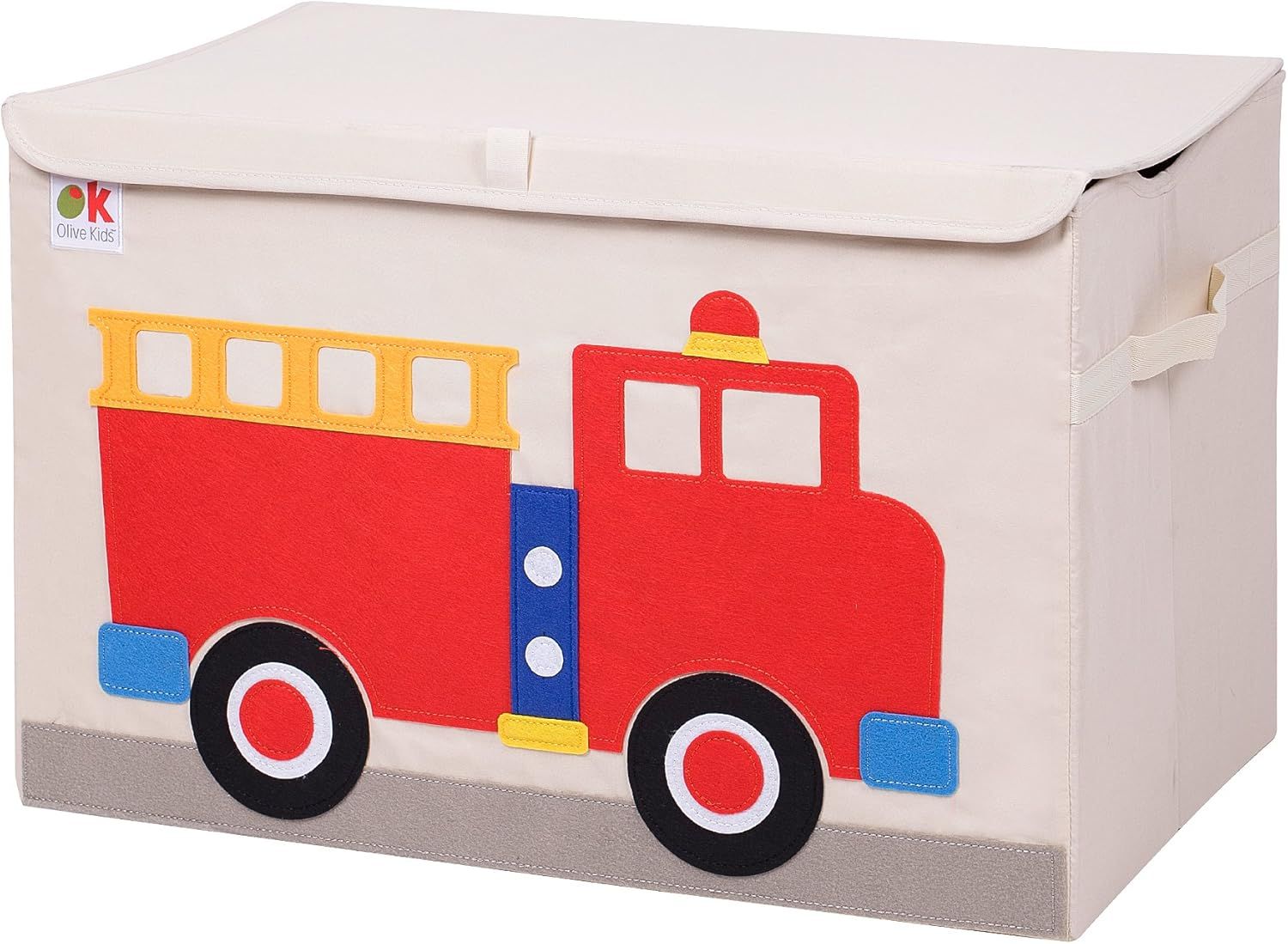 Kids Beige Fabric Toy Chest with Fire Truck Design