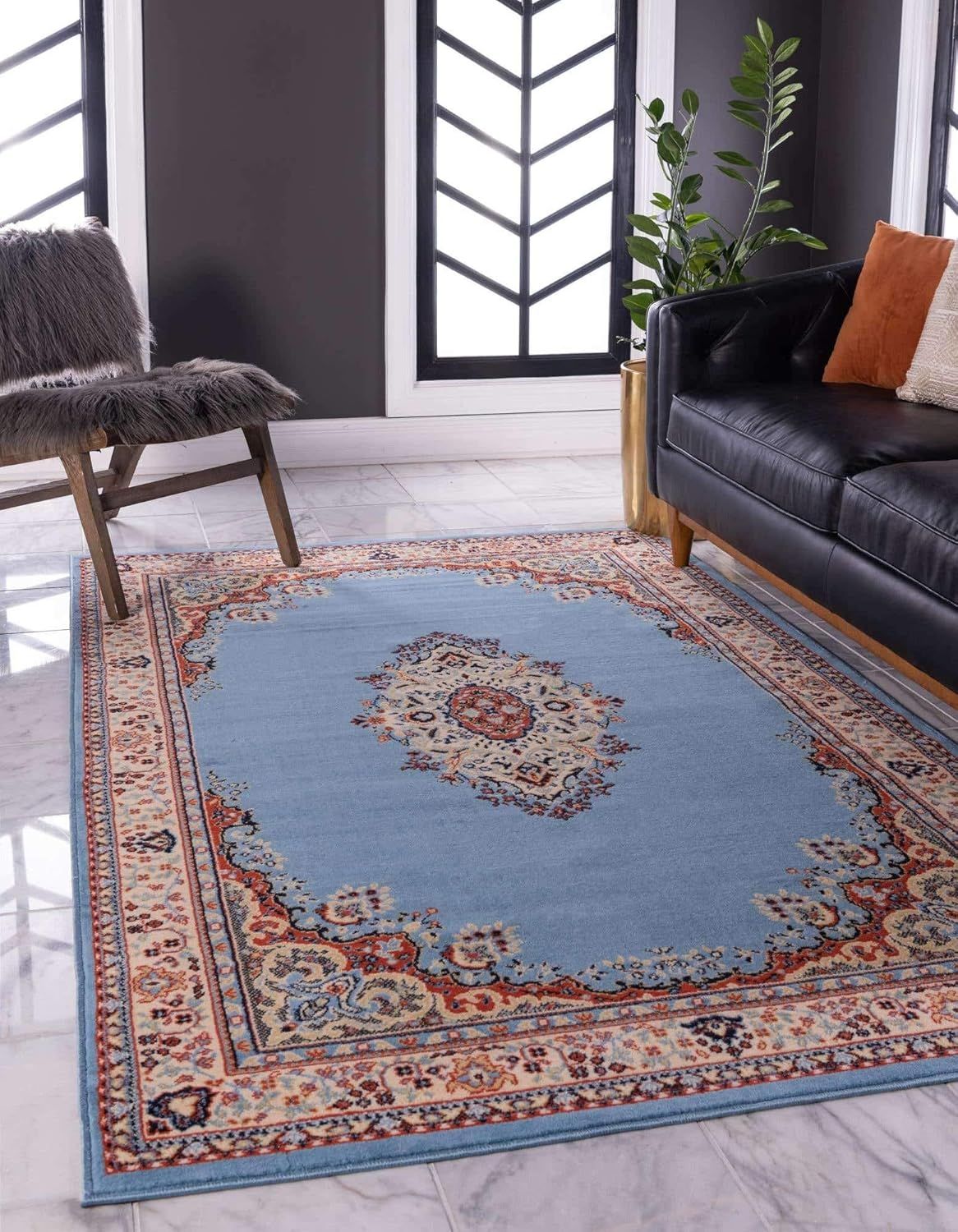 Light Blue Synthetic Medallion 4' x 6' Rectangular Rug