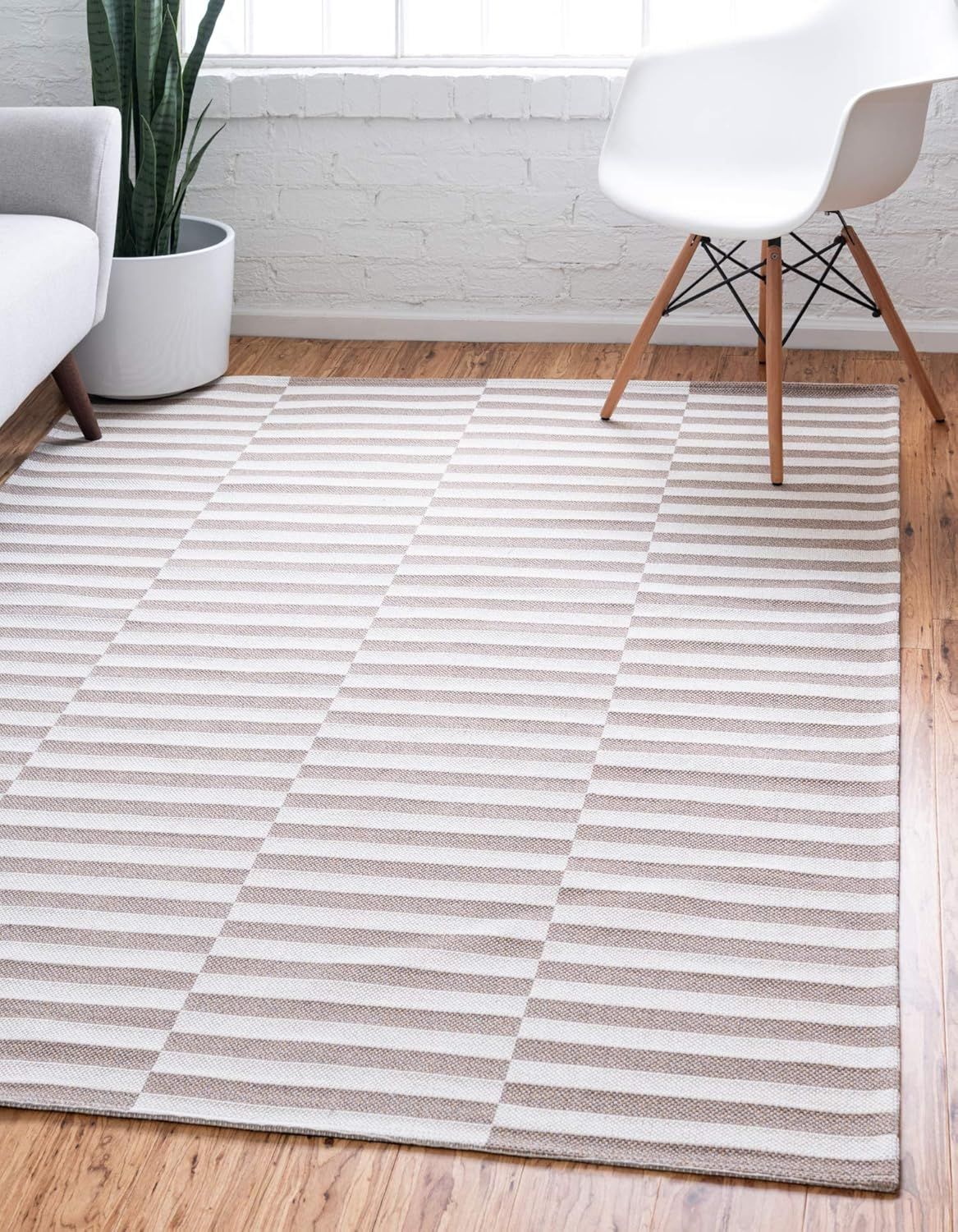 Taupe and Ivory Striped Flatweave Cotton Area Rug