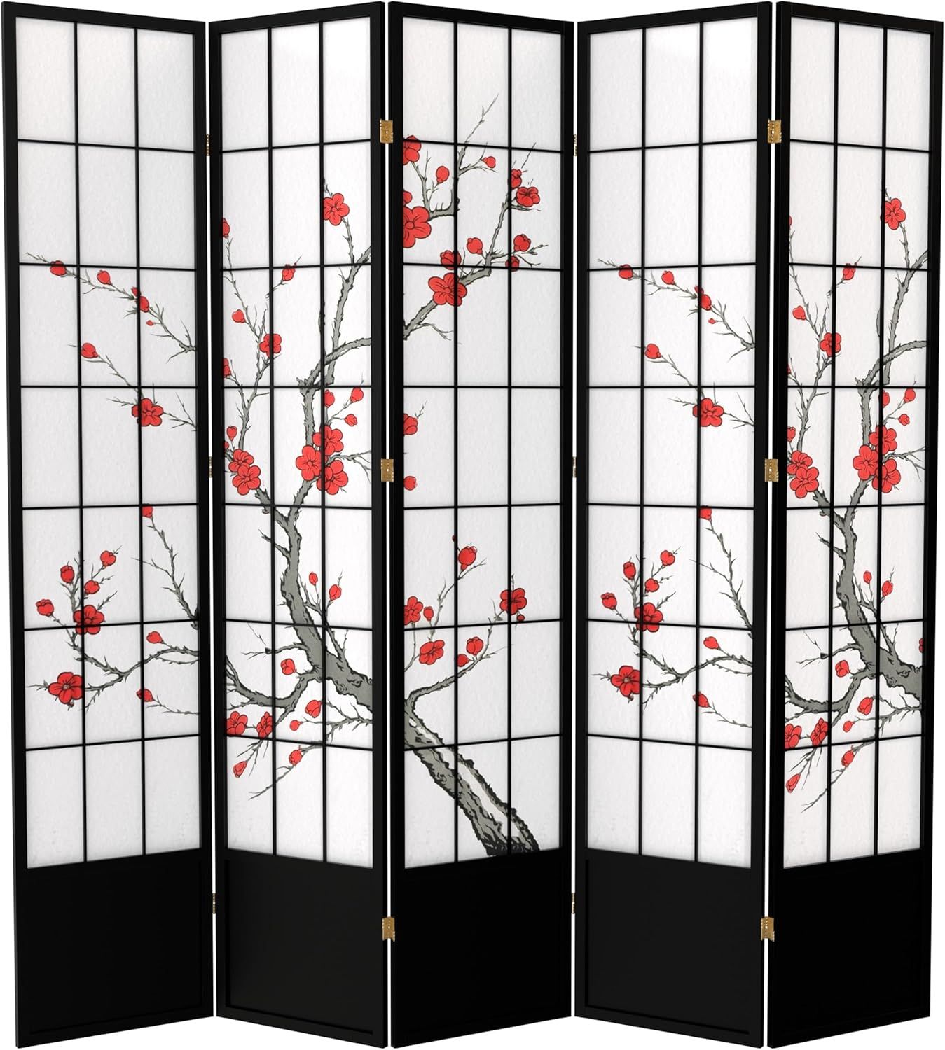 83.5" Black Cherry Blossom Shoji Room Divider with 5 Panels