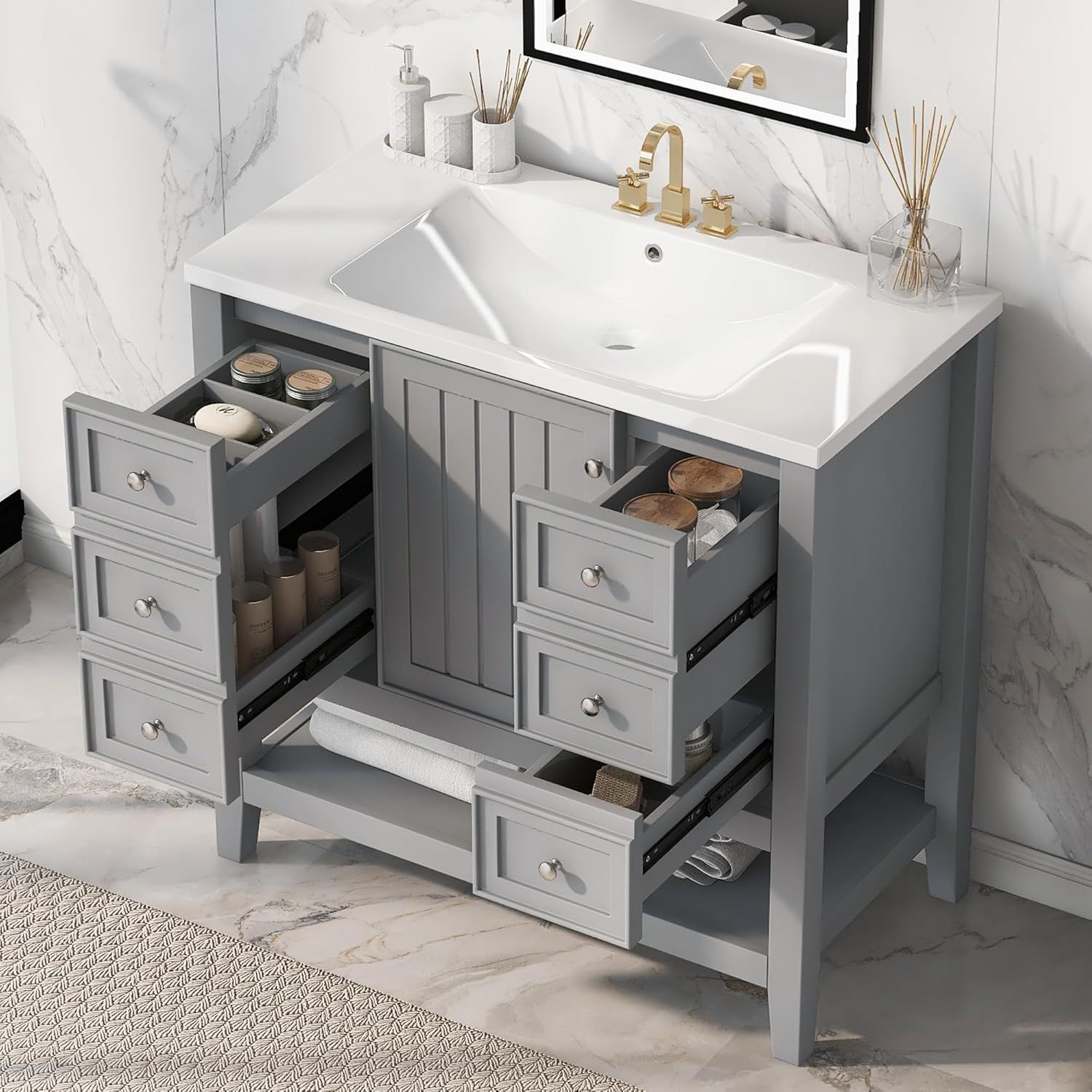 Grey 36" Freestanding Bathroom Vanity with Ceramic Sink and Storage