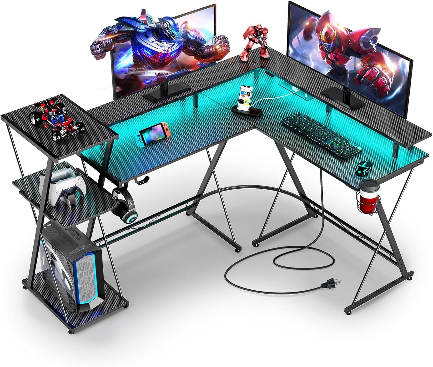 Black L-Shaped Gaming Desk with LED Lights and Storage